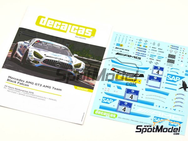 Image 3: Mercedes AMG GT3 AMG Team Black Falcon - 24 Hours Nürburgring 2016 | Marking / livery in 1/24 scale manufactured by Decalcas (ref. DCL-DEC010) Image 3: Mercedes AMG GT3 AMG Team Black Falcon - 24 Hours Nürburgring 2016 | Marking / livery in 1/24 scale manufactured by Decalcas (ref. DCL-DEC010)