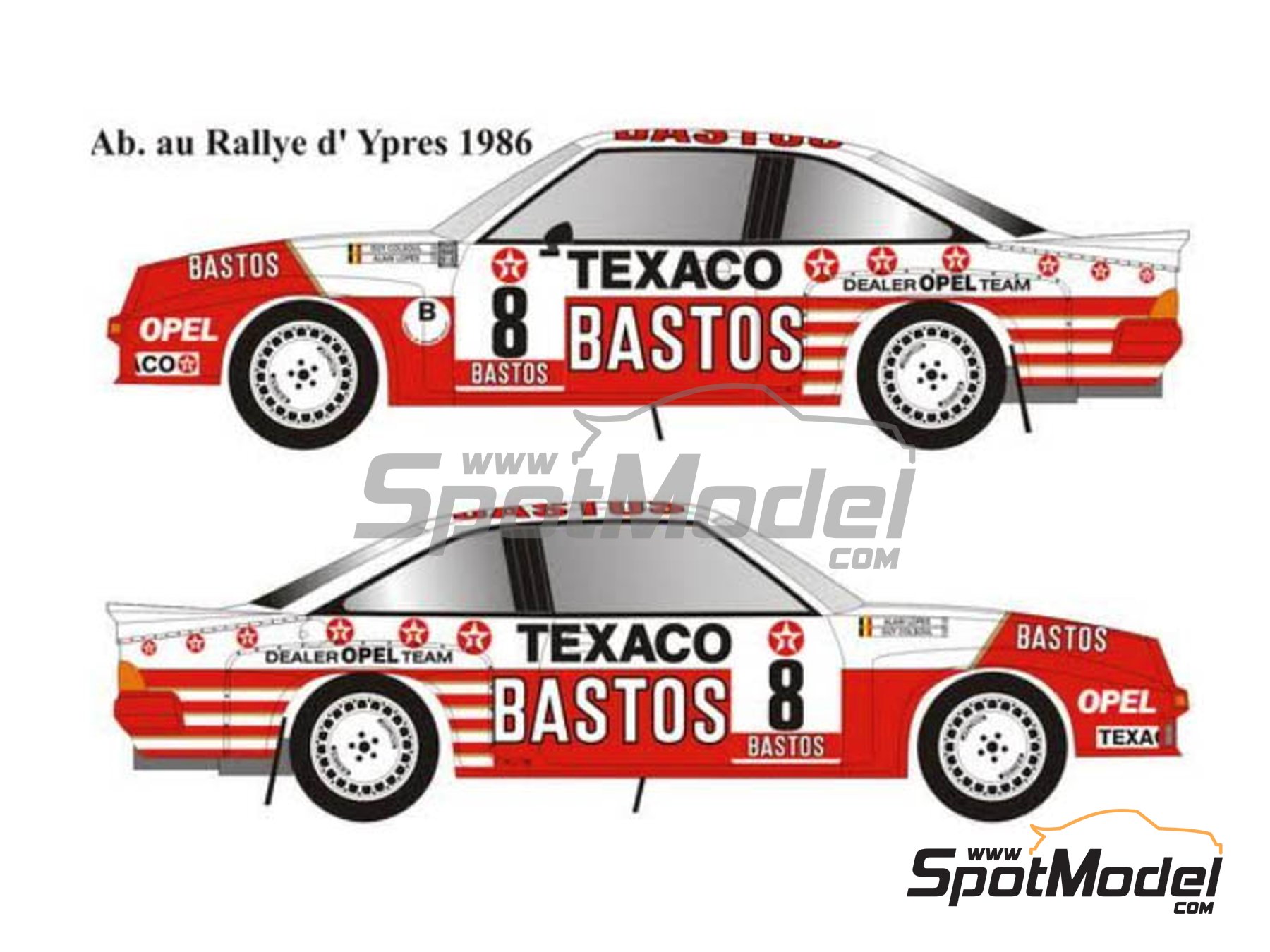 Image 2: Opel Manta 400 Group B Texaco Bastos - Condroz Rally, Ypres Rally 1986 | Marking / livery in 1/24 scale manufactured by Renaissance Models (ref. TK24-447) Image 2: Opel Manta 400 Group B Texaco Bastos - Condroz Rally, Ypres Rally 1986 | Marking / livery in 1/24 scale manufactured by Renaissance Models (ref. TK24-447)