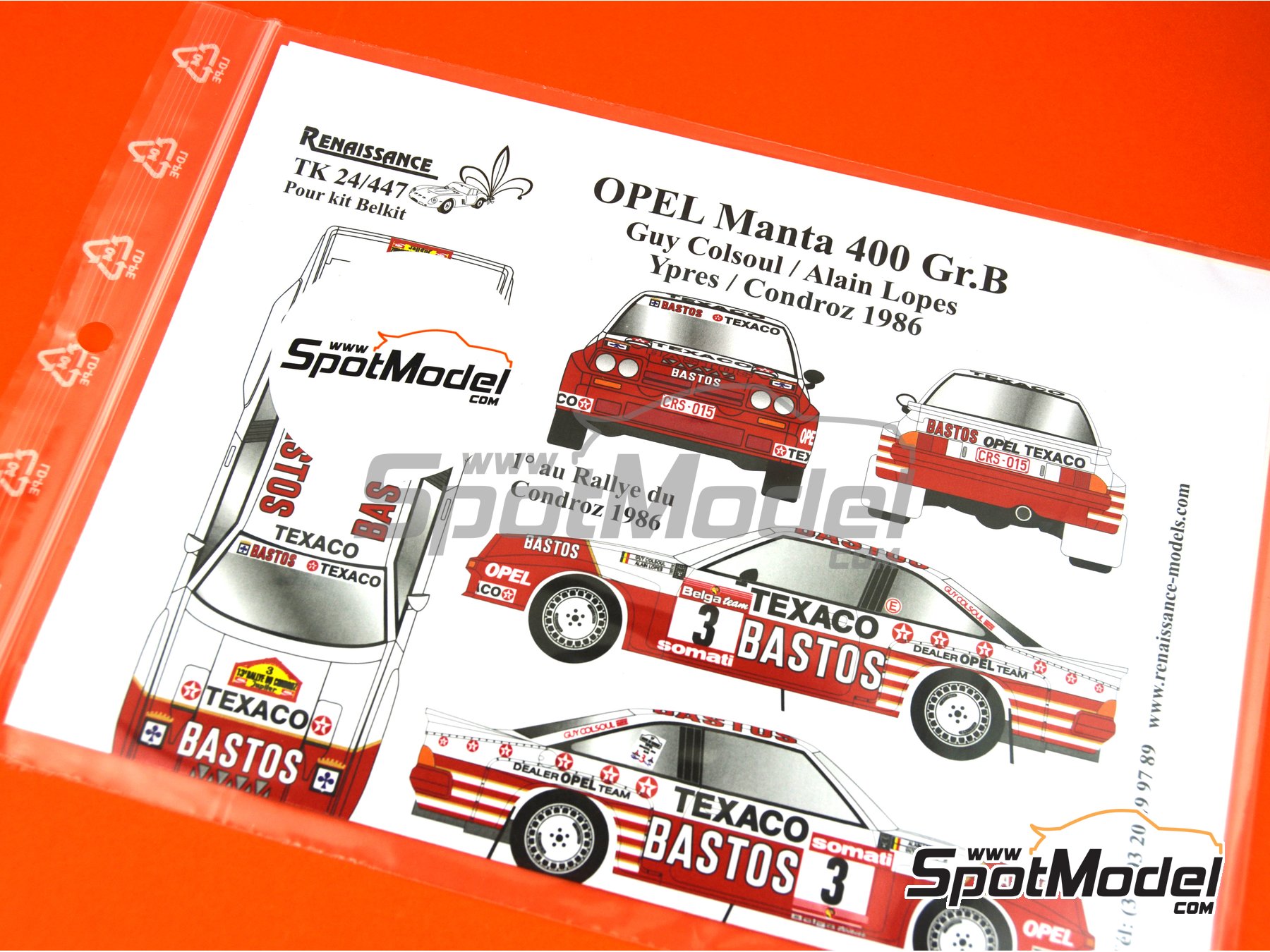 Image 7: Opel Manta 400 Group B Texaco Bastos - Condroz Rally, Ypres Rally 1986 | Marking / livery in 1/24 scale manufactured by Renaissance Models (ref. TK24-447) Image 7: Opel Manta 400 Group B Texaco Bastos - Condroz Rally, Ypres Rally 1986 | Marking / livery in 1/24 scale manufactured by Renaissance Models (ref. TK24-447)