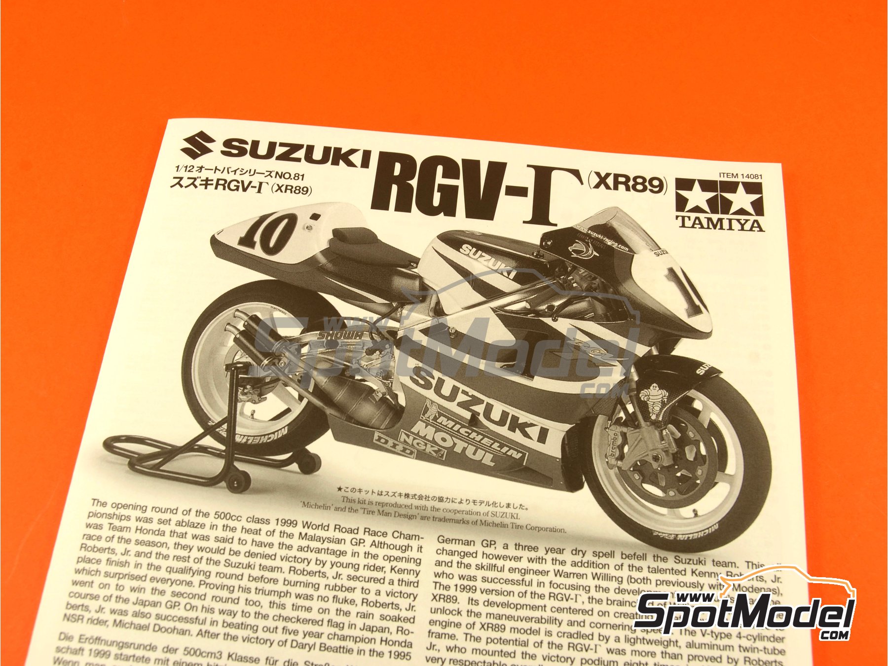 Image 12: Suzuki RGV-Gamma XR-89 Suzuki Grand Prix Team sponsored by Michelin - Motorcycle World Championship 1999 | Motorbike scale model kit in 1/12 scale manufactured by Tamiya (ref. TAM14081, also 4950344996889 and 14081) Image 12: Suzuki RGV-Gamma XR-89 Suzuki Grand Prix Team sponsored by Michelin - Motorcycle World Championship 1999 | Motorbike scale model kit in 1/12 scale manufactured by Tamiya (ref. TAM14081, also 4950344996889 and 14081)