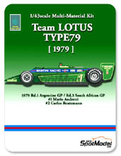 Car kit 1/43 by Model Factory Hiro - Lotus Ford Type 79 Martini - N 1, 2 - Mario Andretti, Carlos Reutemann - Argentine + South African Grand Prix 1979 - Multimedia kit