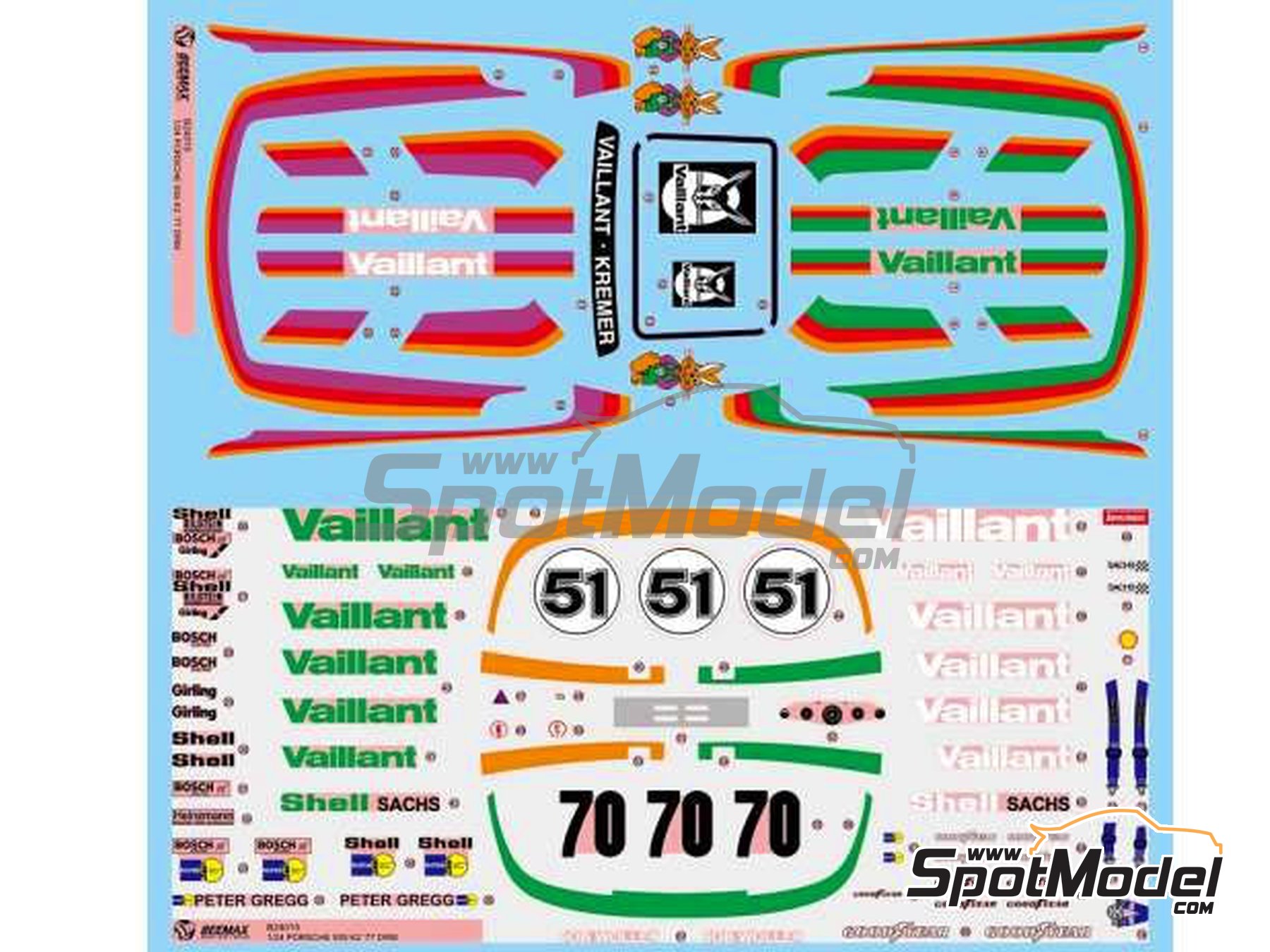 Image 11: Porsche 935 K2 Kremer Racing Team sponsored by Vaillant - Deutsche Rennsport Meisterschaft DRM 1977 | Car scale model kit in 1/24 scale manufactured by Beemax Model Kits (ref.&nbsp;B24015, also 4905083105108, 105108 and aos10510)