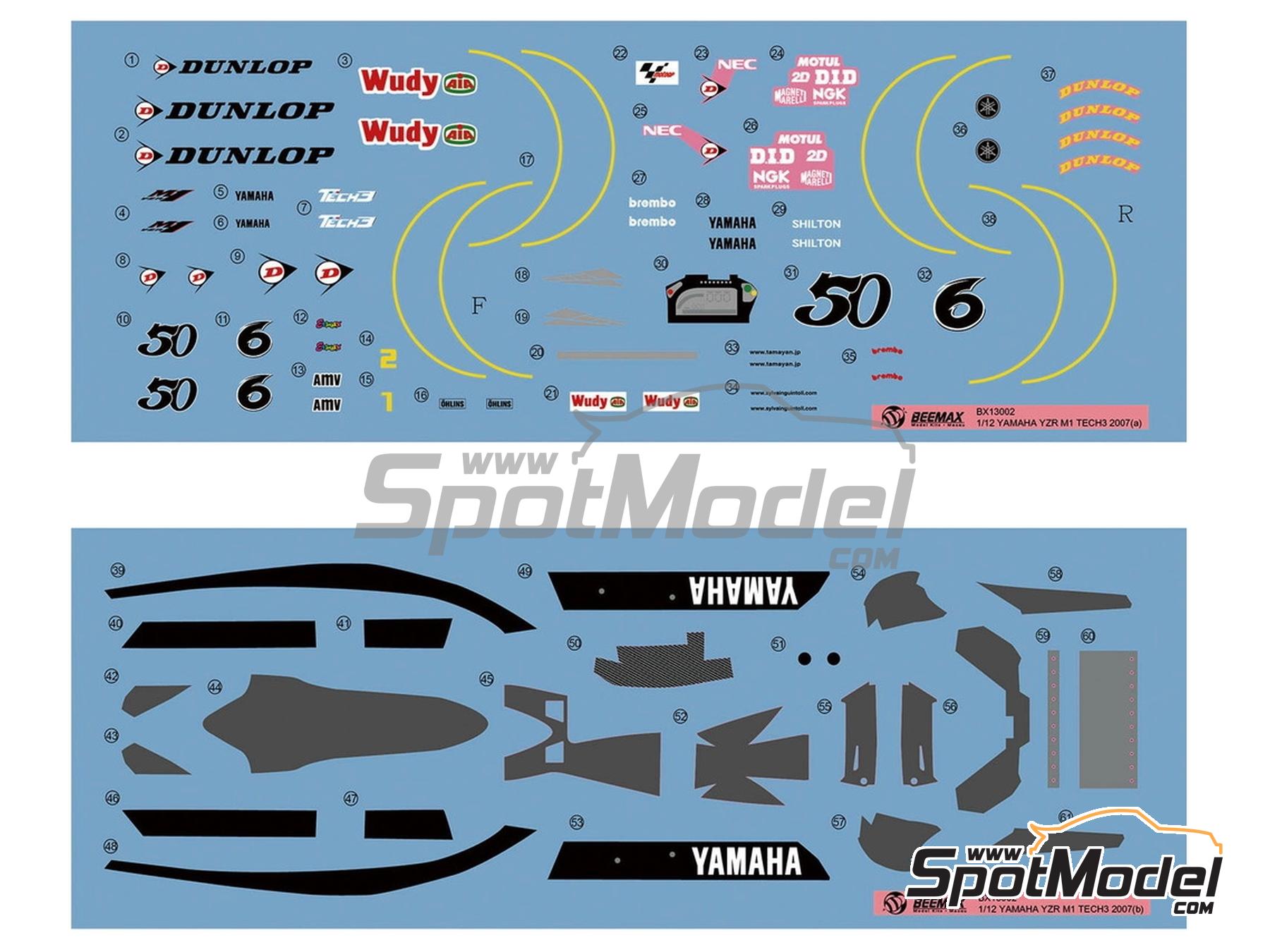 Image 22: Yamaha YZR-M1 Equipo Tech 3 patrocinado por Dunlop - Campeonato del Mundo de Moto GP 2007 | Maqueta de moto en escala&nbsp;1/12 fabricado por Beemax Model Kits (ref.&nbsp;BX13002, tambien 4545782131895)