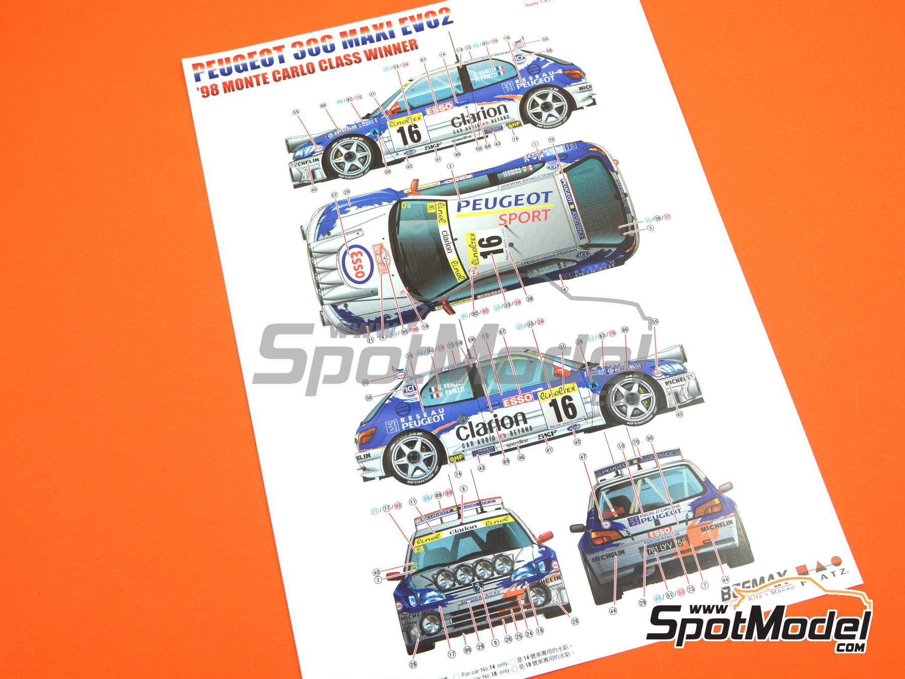 Image 17: Peugeot 306 Maxi Evo 2 Equipo Peugeot Sport patrocinado por Clarion - Rally de Monte Carlo - Rallye Automobile de Monte-Carlo 1998 | Maqueta de coche en escala&nbsp;1/24 fabricado por Beemax Model Kits (ref.&nbsp;BX24026, tambien 4545782078336)