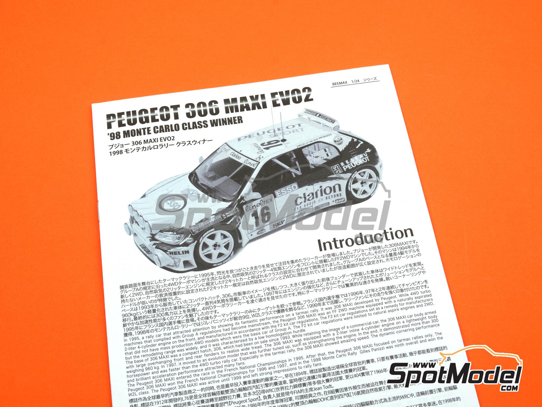 Image 18: Peugeot 306 Maxi Evo 2 Equipo Peugeot Sport patrocinado por Clarion - Rally de Monte Carlo - Rallye Automobile de Monte-Carlo 1998 | Maqueta de coche en escala&nbsp;1/24 fabricado por Beemax Model Kits (ref.&nbsp;BX24026, tambien 4545782078336)