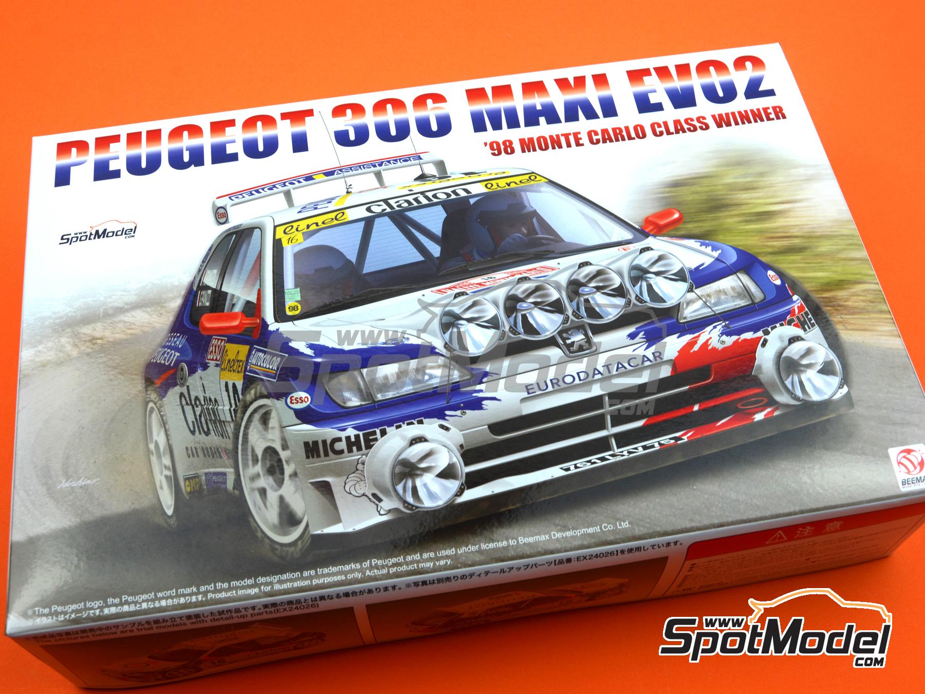 Image 22: Peugeot 306 Maxi Evo 2 Equipo Peugeot Sport patrocinado por Clarion - Rally de Monte Carlo - Rallye Automobile de Monte-Carlo 1998 | Maqueta de coche en escala&nbsp;1/24 fabricado por Beemax Model Kits (ref.&nbsp;BX24026, tambien 4545782078336)