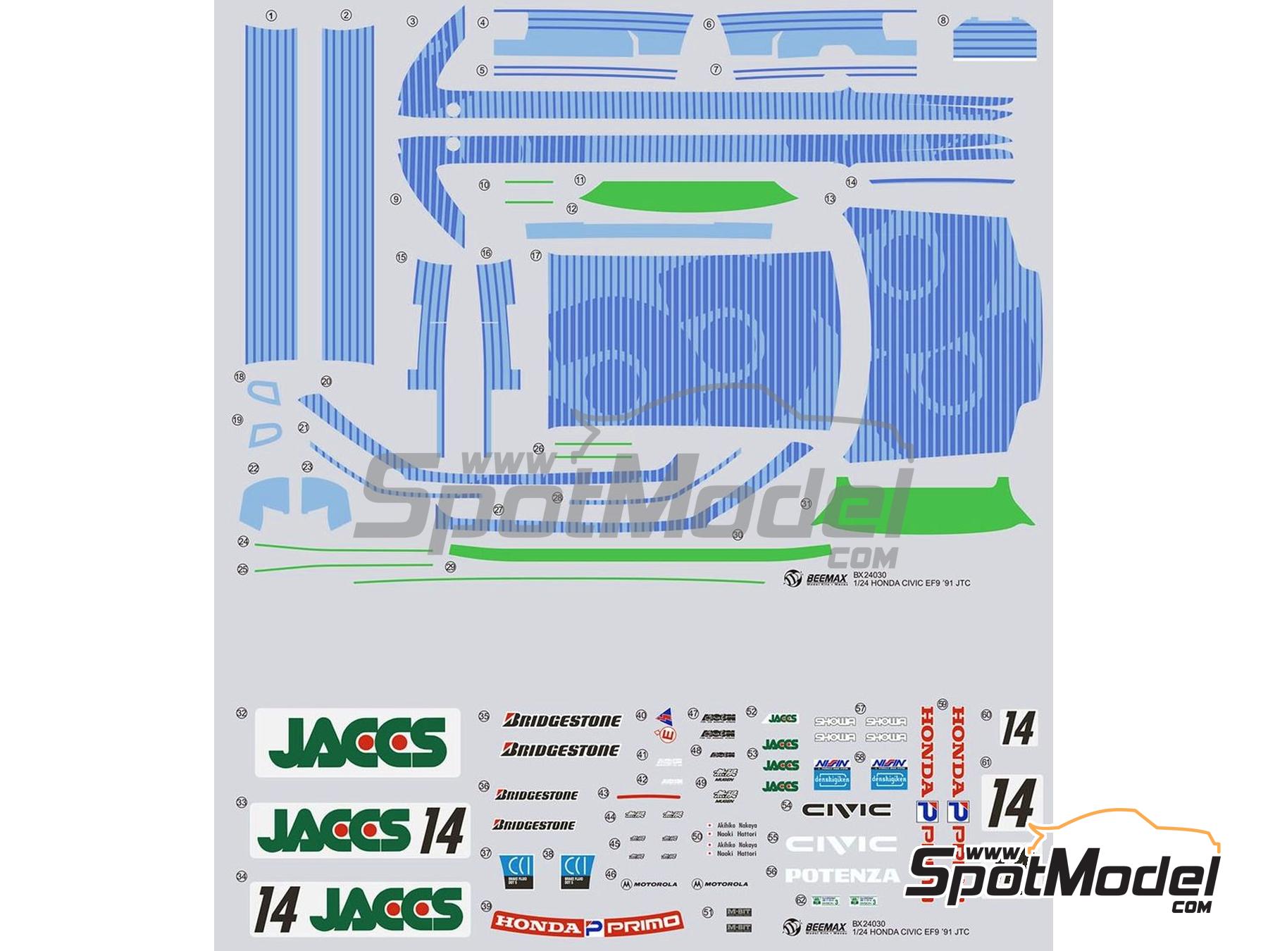 Image 2: Honda Civic EF9 Grupo A Equipo Mooncraft patrocinado por Jaccs - Campeonato JTC InterTEC 1991 | Maqueta de coche en escala&nbsp;1/24 fabricado por Beemax Model Kits (ref.&nbsp;BX24030, tambien 4545782101874)
