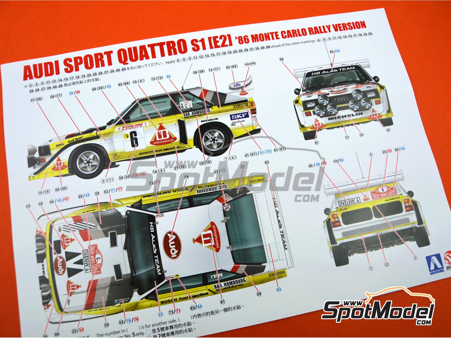 Image 16: Audi Sport Quattro S1 E2 Group B Audi Team Team sponsored by HB International - Monte Carlo Rally - Rallye Automobile de Monte-Carlo, Sanremo Rally 1985 and 1986 | Car scale model kit in 1/24 scale manufactured by Beemax Model Kits (ref.&nbsp;BX24035, also 4545782078398)