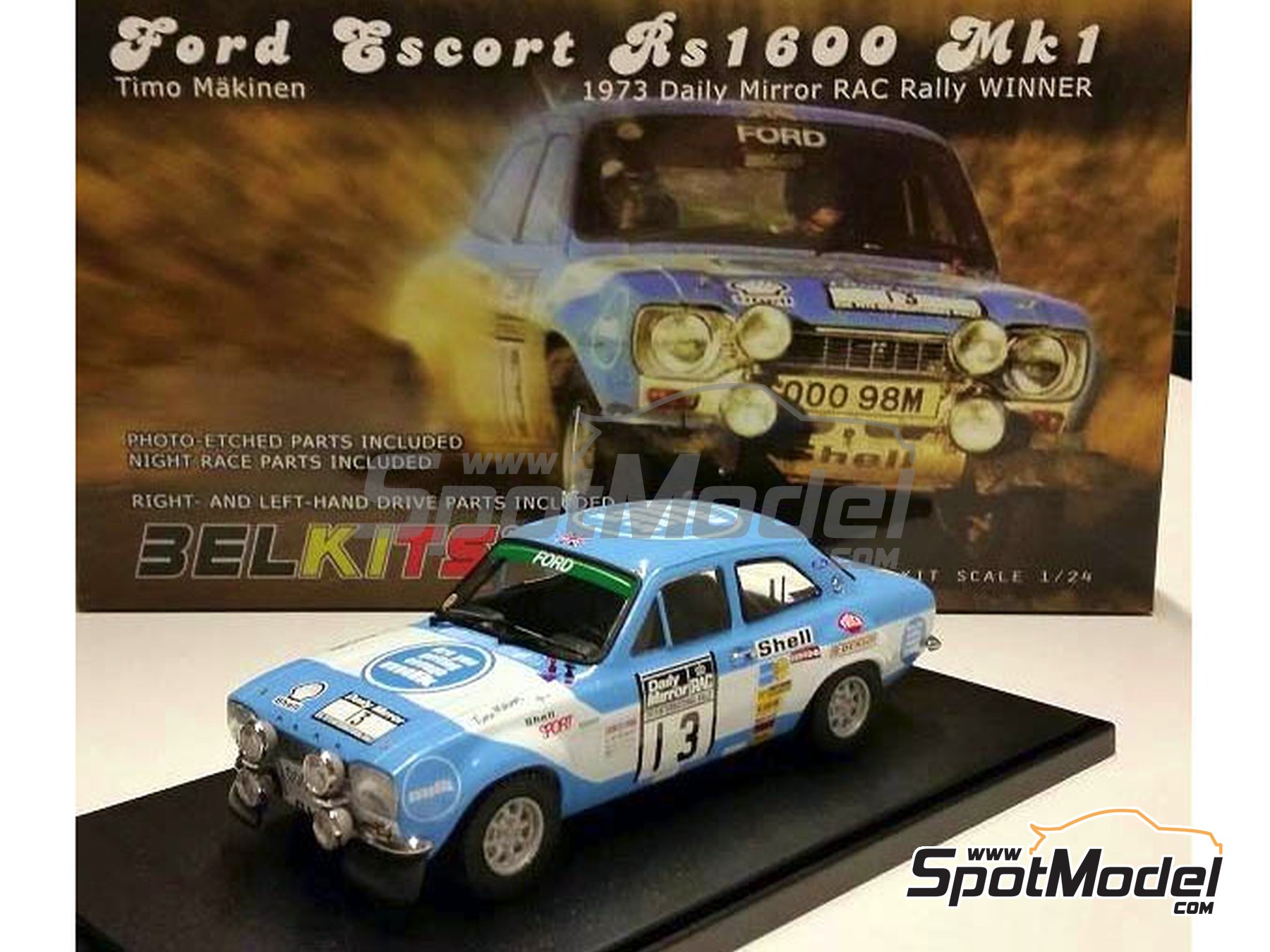 Image 1: Ford Escort RS1600 Mk I sponsored by Milk Marketing Board - Great Britain RAC Rally 1973 | Car scale model kit in 1/24 scale manufactured by Belkits (ref.&nbsp;BEL006, also 9789597229988 and BEL-006)