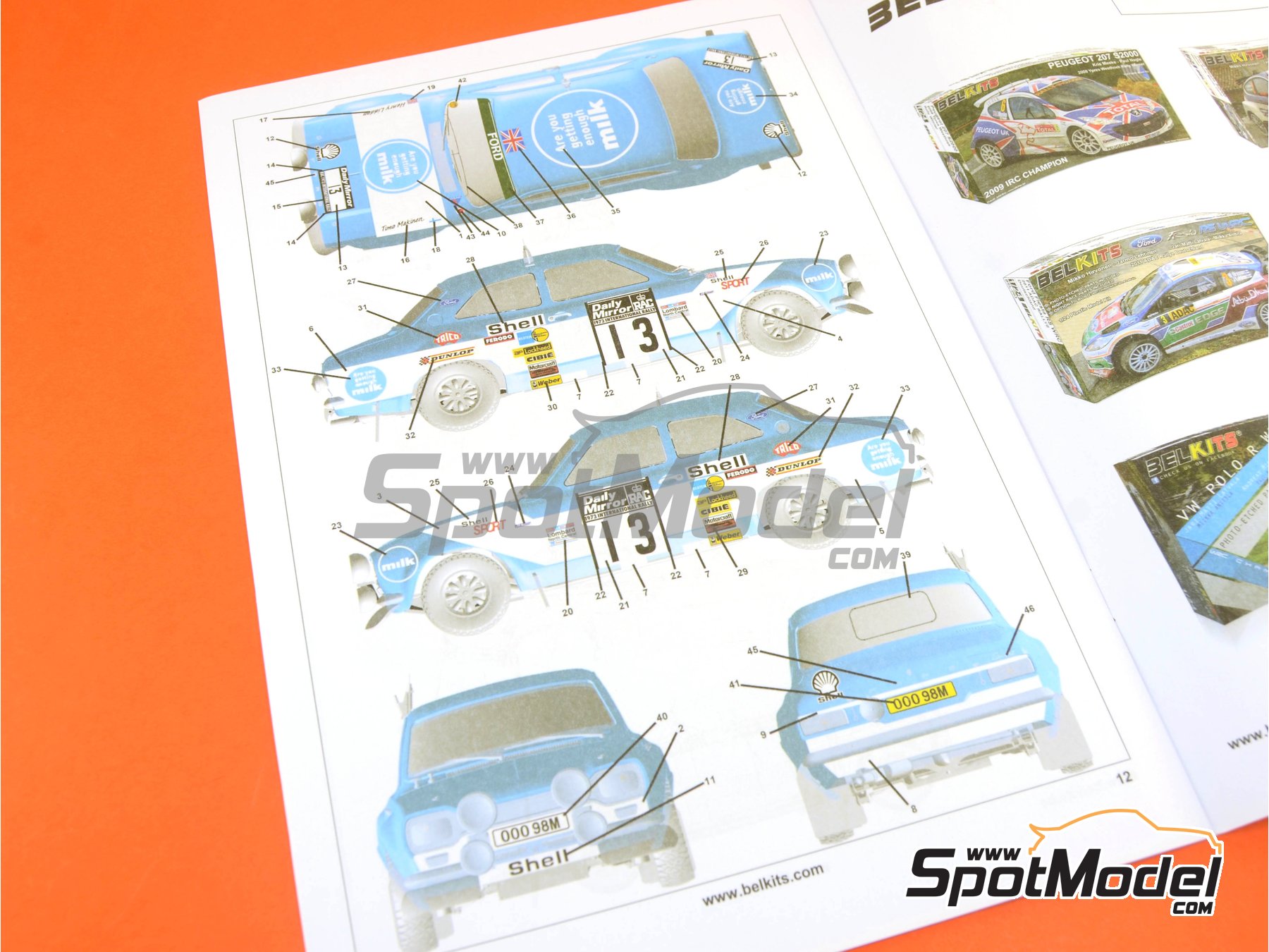 Image 22: Ford Escort RS1600 Mk I sponsored by Milk Marketing Board - Great Britain RAC Rally 1973 | Car scale model kit in 1/24 scale manufactured by Belkits (ref.&nbsp;BEL006, also 9789597229988 and BEL-006)