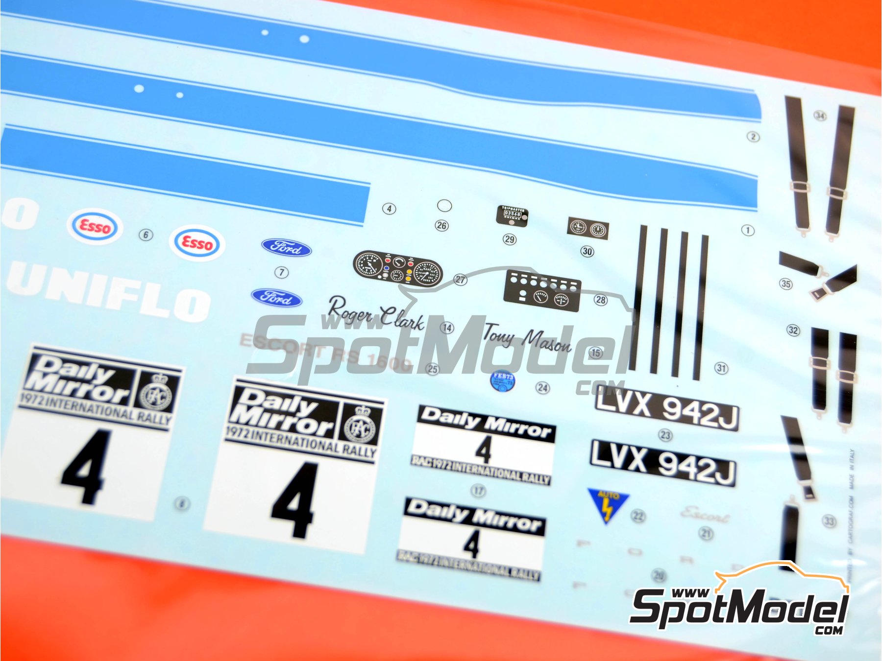 Image 13: Ford Escort RS1600 Mk I sponsored by Esso Uniflo - Great Britain RAC Rally 1972 | Car scale model kit in 1/24 scale manufactured by Belkits (ref.&nbsp;BEL007, also 9789597241645 and BEL-007)