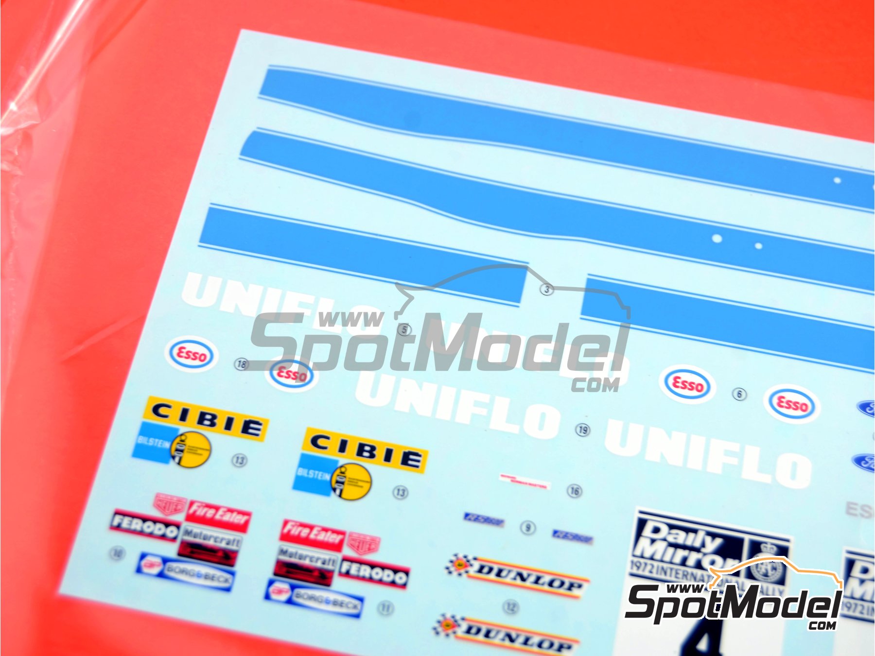 Image 14: Ford Escort RS1600 Mk I sponsored by Esso Uniflo - Great Britain RAC Rally 1972 | Car scale model kit in 1/24 scale manufactured by Belkits (ref.&nbsp;BEL007, also 9789597241645 and BEL-007)