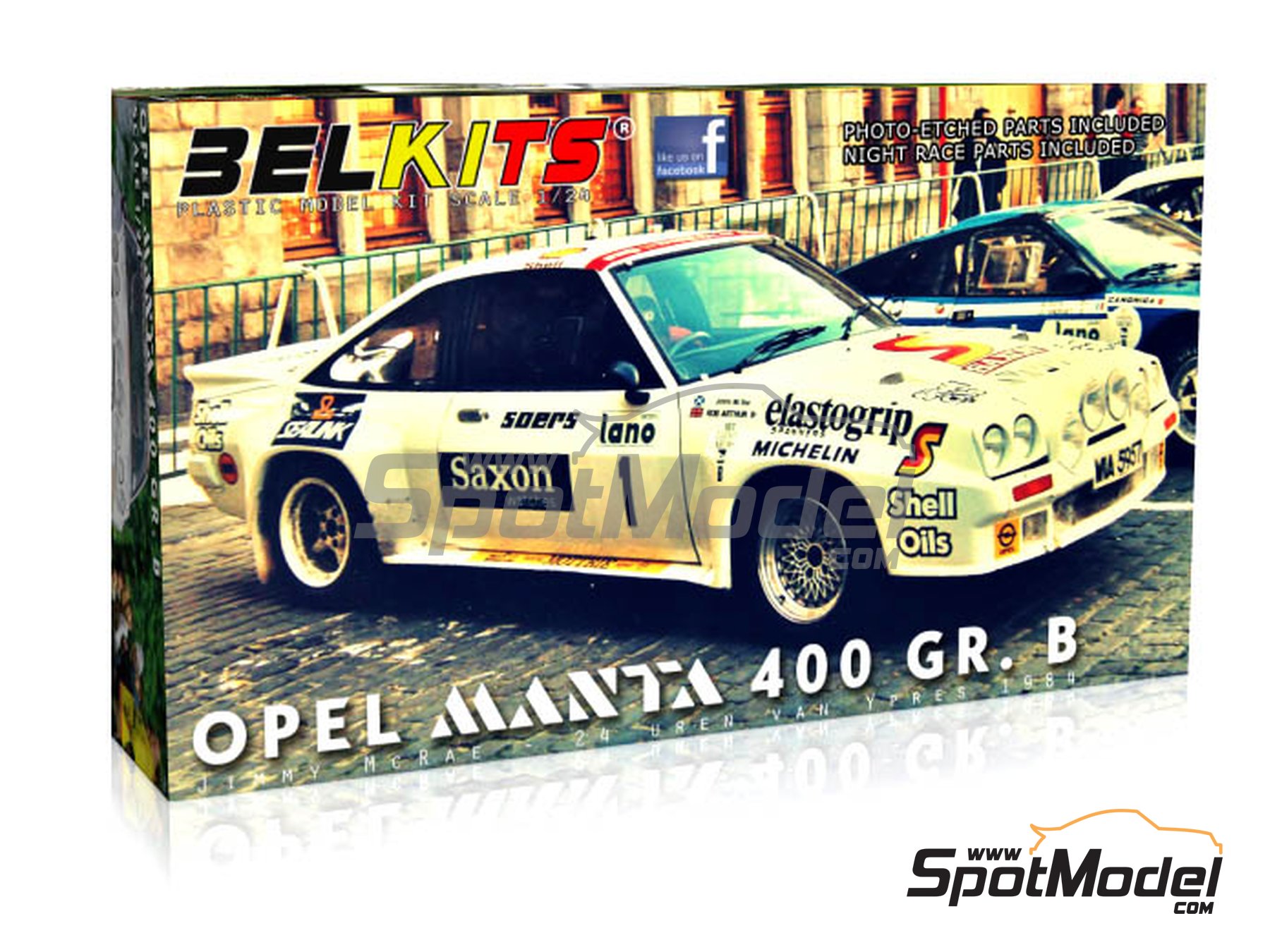 Image 1: Opel Manta 400 Grupo B patrocinado por Saxon Watches - Rally 24 Horas de Ypres 1984 | Maqueta de coche en escala 1/24 fabricado por Belkits (ref. BEL009, tambien 9789597256113 y BEL-009)
