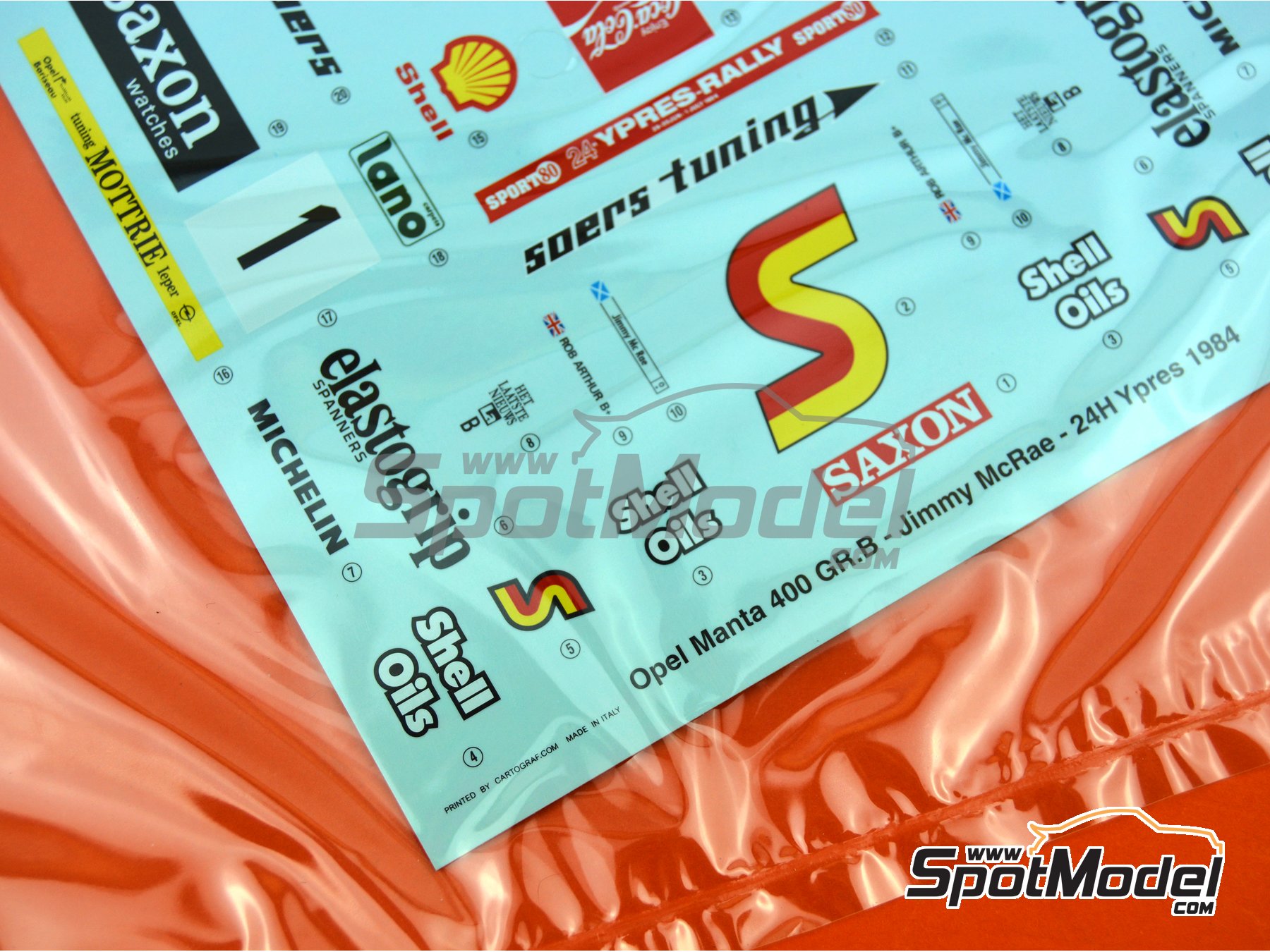 Image 15: Opel Manta 400 Grupo B patrocinado por Saxon Watches - Rally 24 Horas de Ypres 1984 | Maqueta de coche en escala 1/24 fabricado por Belkits (ref. BEL009, tambien 9789597256113 y BEL-009)