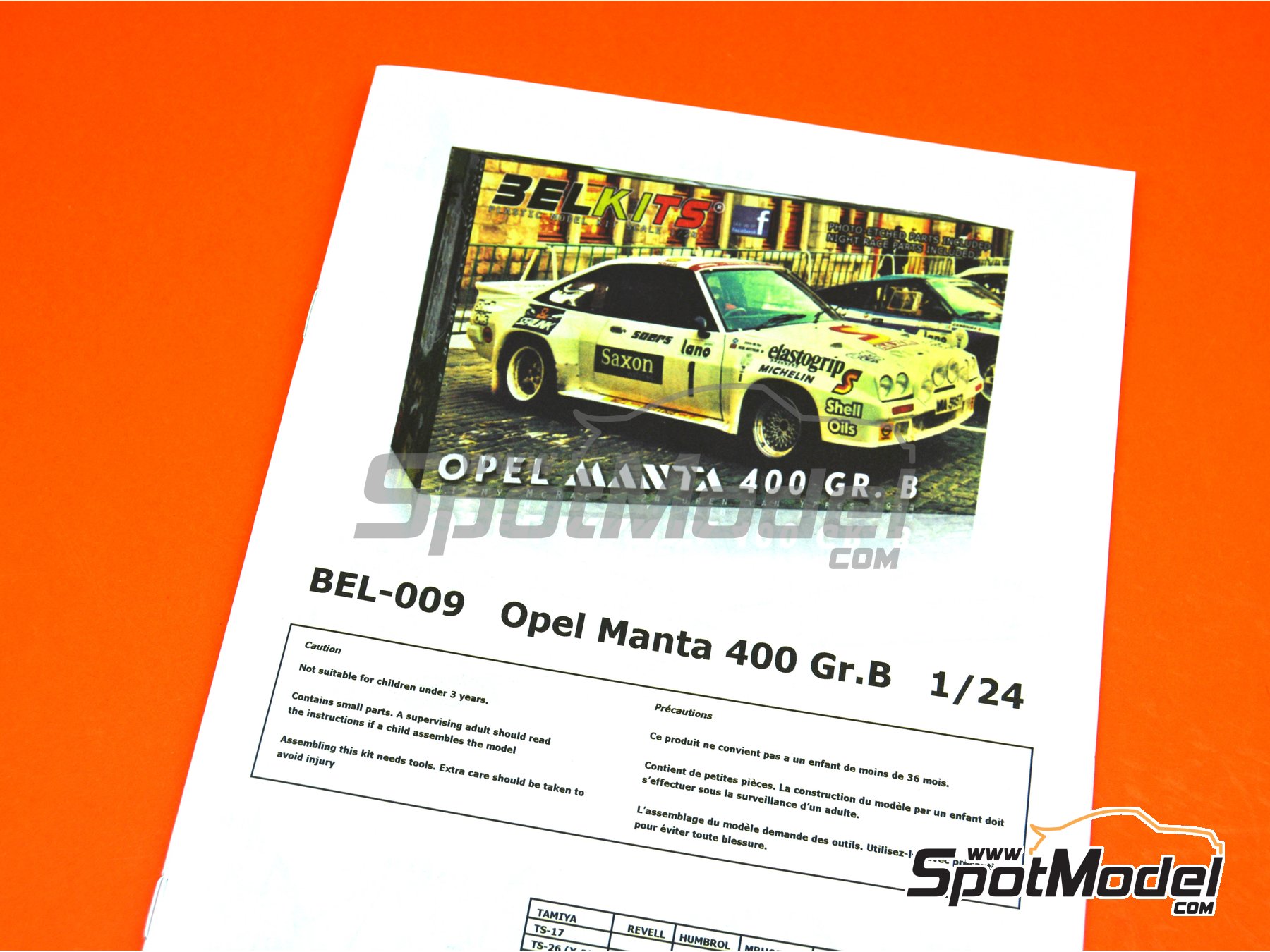 Image 21: Opel Manta 400 Grupo B patrocinado por Saxon Watches - Rally 24 Horas de Ypres 1984 | Maqueta de coche en escala 1/24 fabricado por Belkits (ref. BEL009, tambien 9789597256113 y BEL-009)