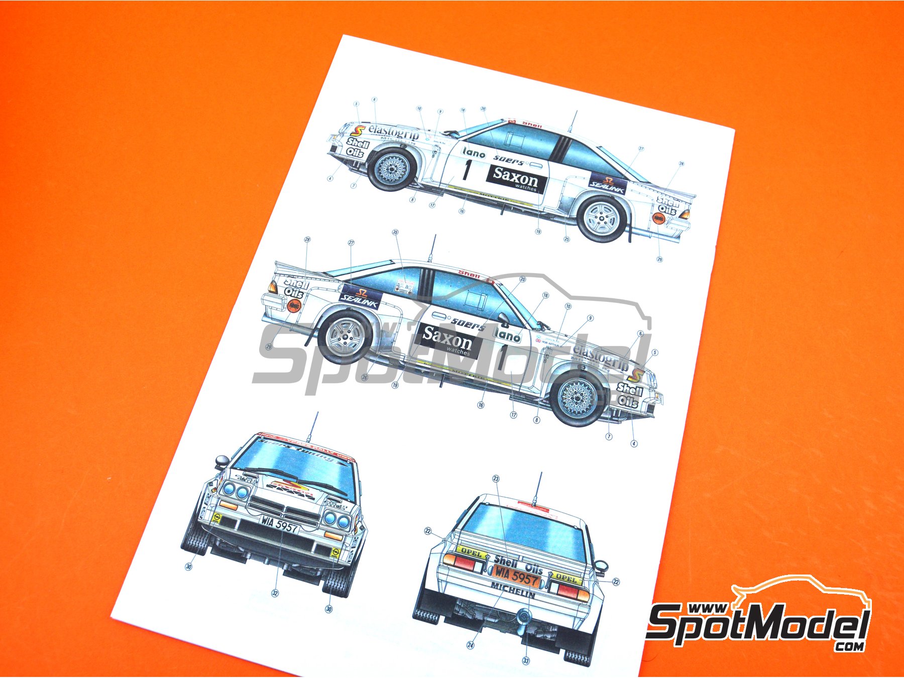 Image 25: Opel Manta 400 Grupo B patrocinado por Saxon Watches - Rally 24 Horas de Ypres 1984 | Maqueta de coche en escala 1/24 fabricado por Belkits (ref. BEL009, tambien 9789597256113 y BEL-009)