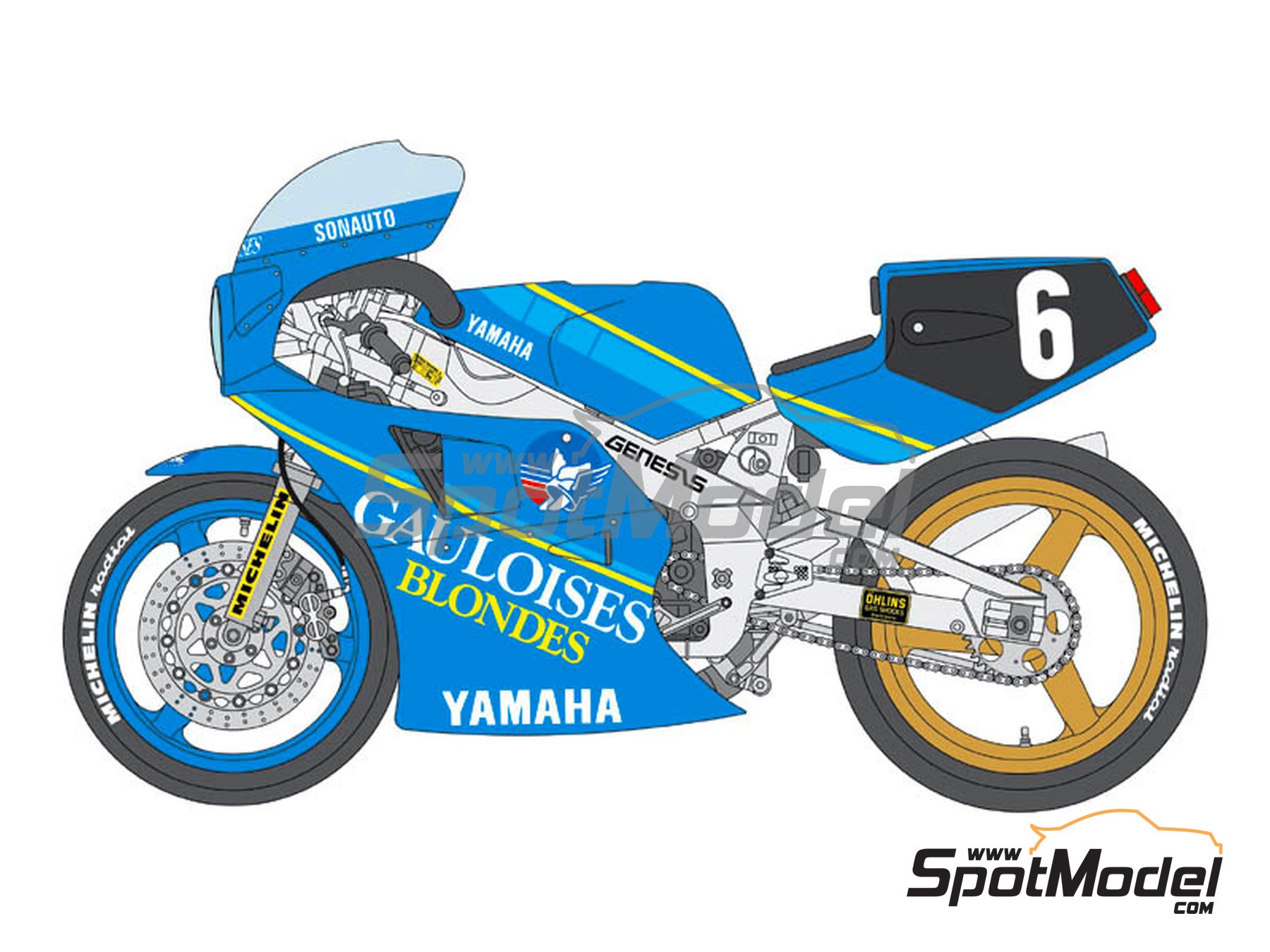 Image 1: Yamaha FZR750 Sonauto Team sponsored by Gauloises - 24 Hours Bol d'Or 1985 | Marking / livery in 1/12 scale manufactured by Blue Stuff (ref.&nbsp;12-001)