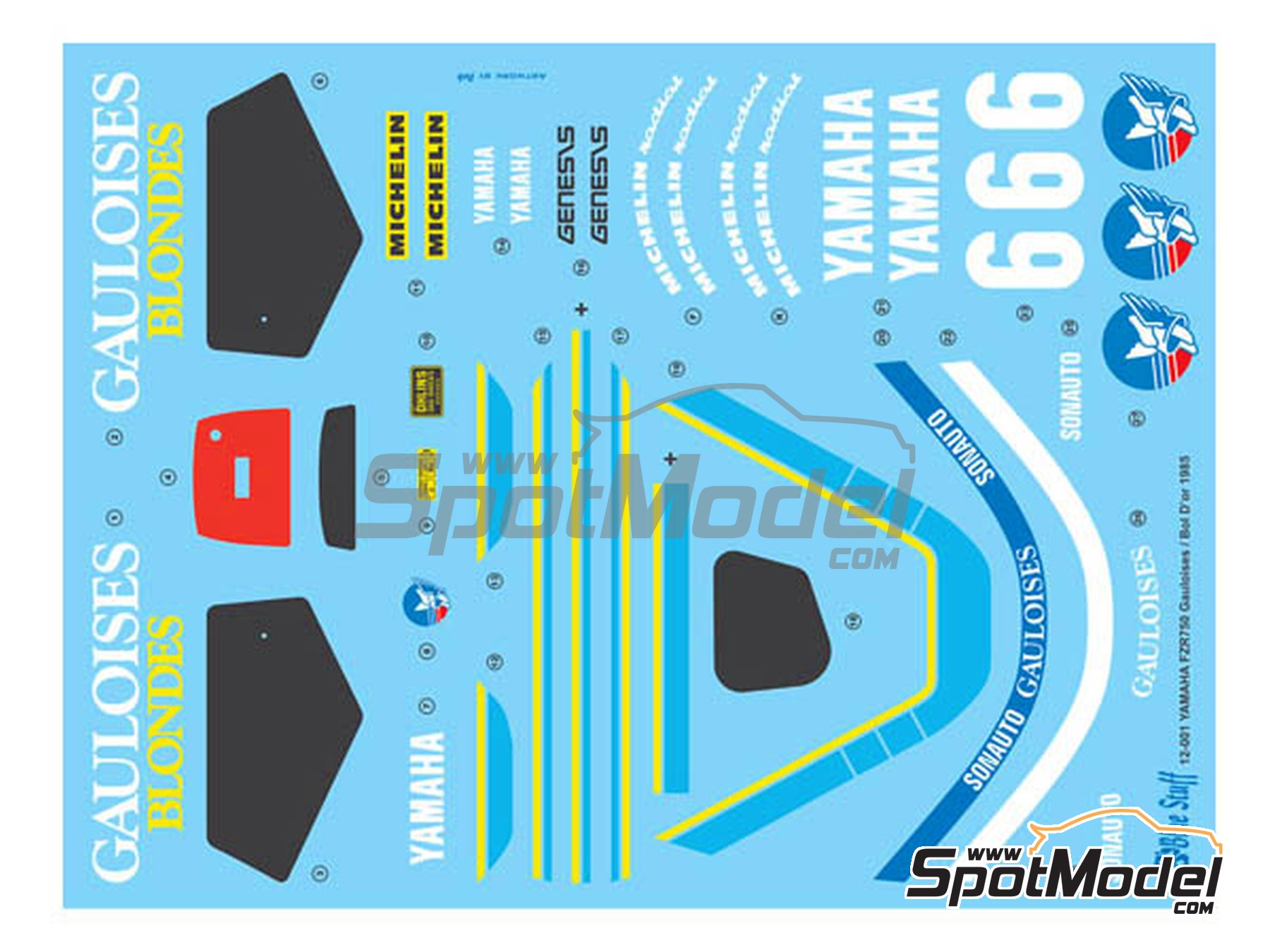 Image 9: Yamaha FZR750 Sonauto Team sponsored by Gauloises - 24 Hours Bol d'Or 1985 | Marking / livery in 1/12 scale manufactured by Blue Stuff (ref.&nbsp;12-001)