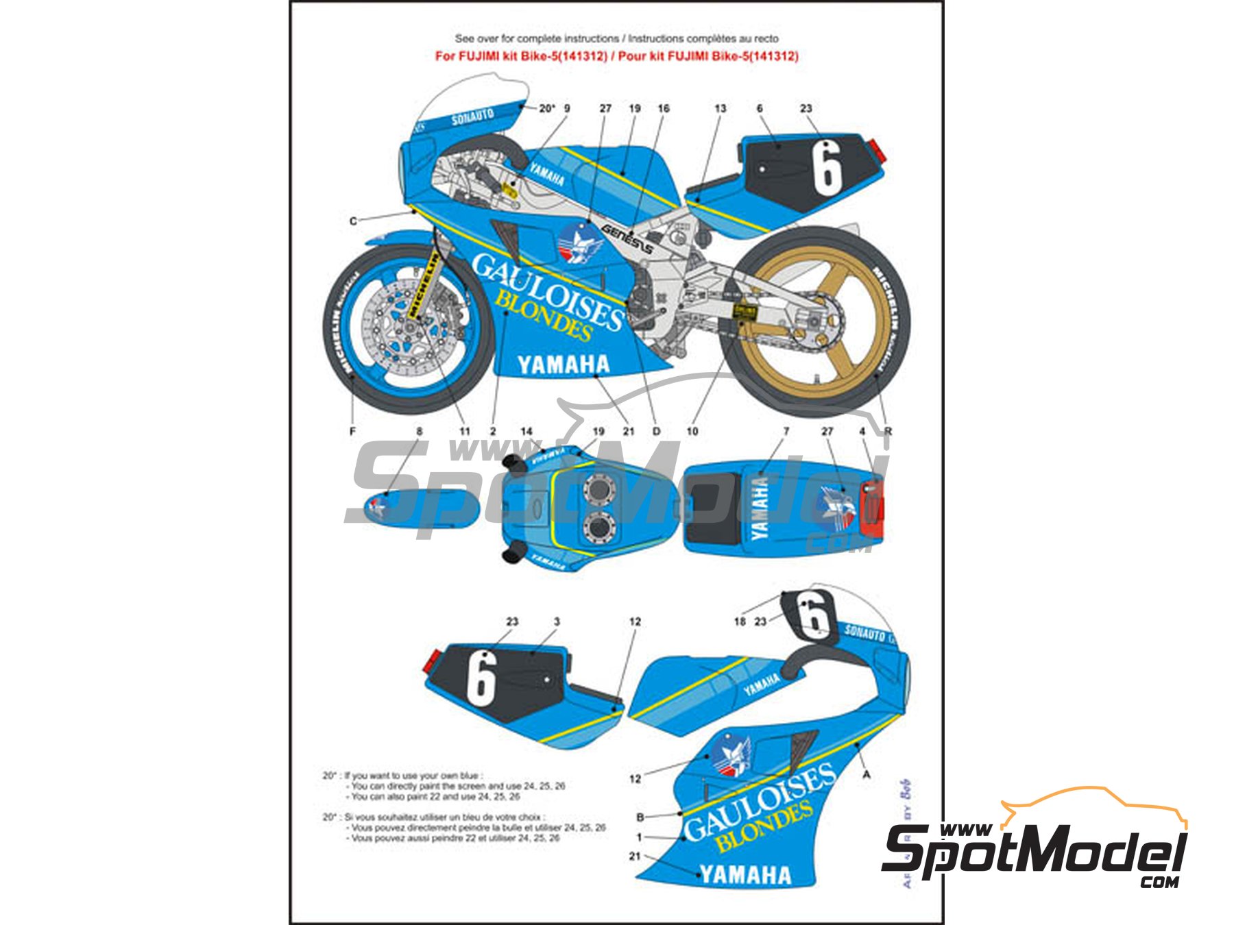 Image 11: Yamaha FZR750 Sonauto Team sponsored by Gauloises - 24 Hours Bol d'Or 1985 | Marking / livery in 1/12 scale manufactured by Blue Stuff (ref.&nbsp;12-001)
