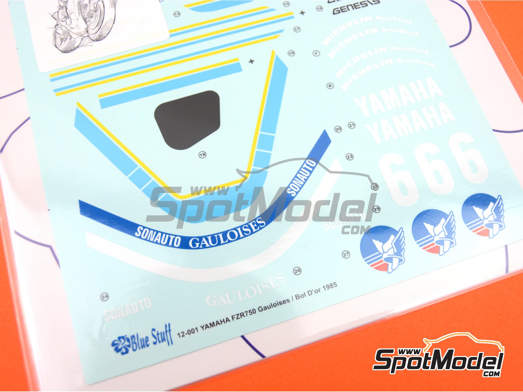 Image 12: Yamaha FZR750 Sonauto Team sponsored by Gauloises - 24 Hours Bol d'Or 1985 | Marking / livery in 1/12 scale manufactured by Blue Stuff (ref.&nbsp;12-001)