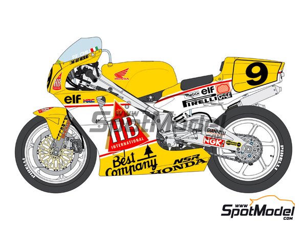 Image 1: Honda NSR500 Gallina Team sponsored by HB International - Motorcycle World Championship 1989 | Marking / livery in 1/12 scale manufactured by Blue Stuff (ref. 12-005)