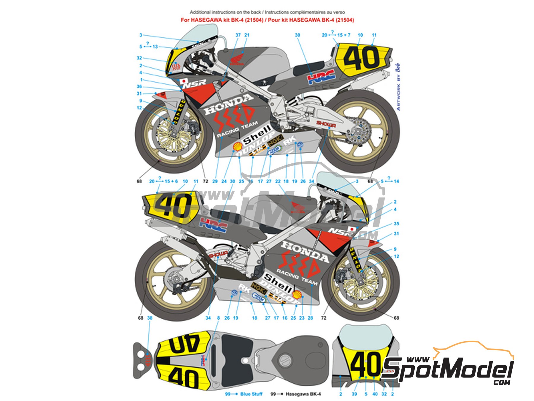 Image 5: Honda NSR500 Seed Racing Team - Suzuka Motorcycle Grand Prix 1989 | Marking / livery in 1/12 scale manufactured by Blue Stuff (ref.&nbsp;12-006)