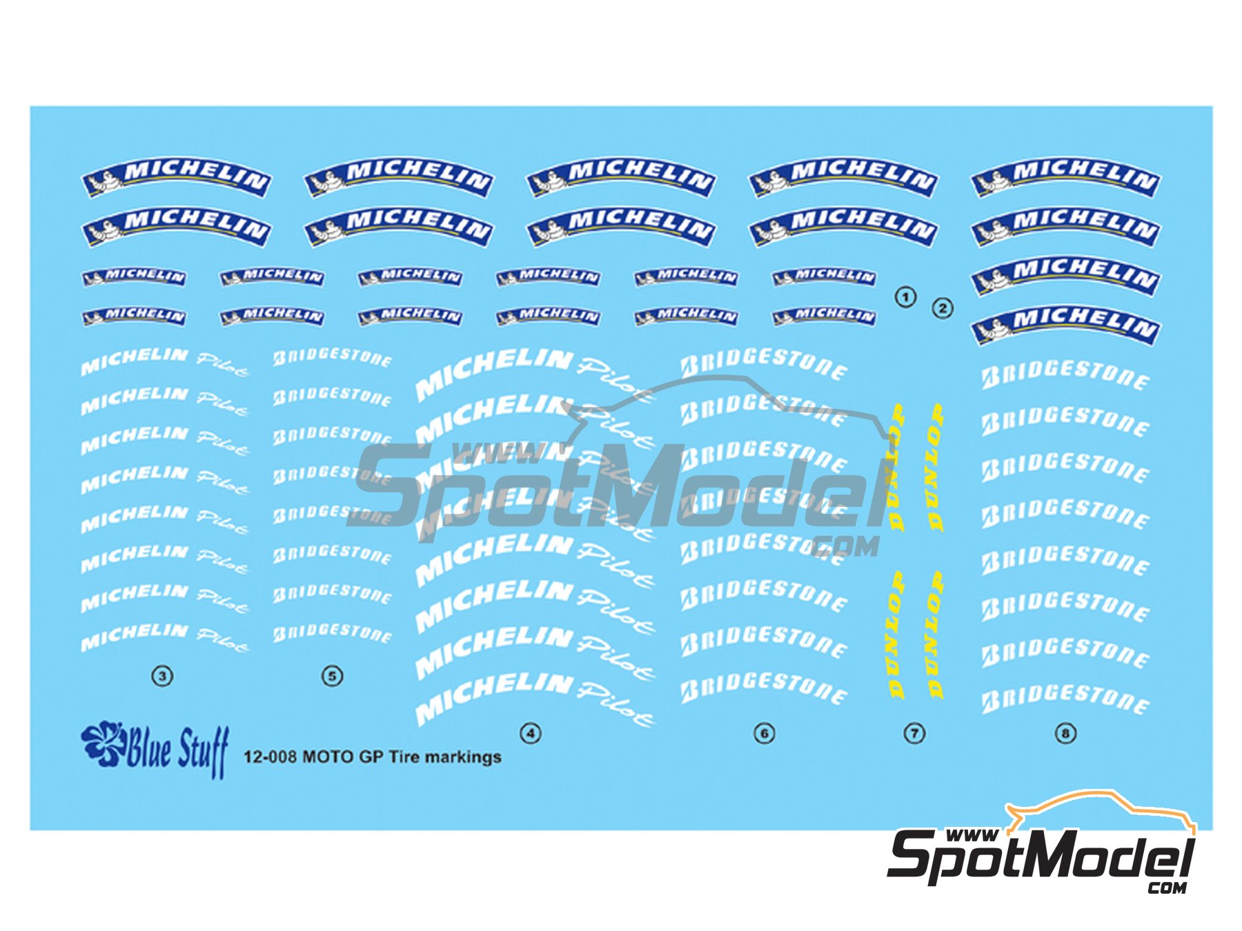 Image 1: Michelin, Dunlop, Michelin Pilot, Bridgestone | Logotypes in 1/12 scale manufactured by Blue Stuff (ref. 12-008)
