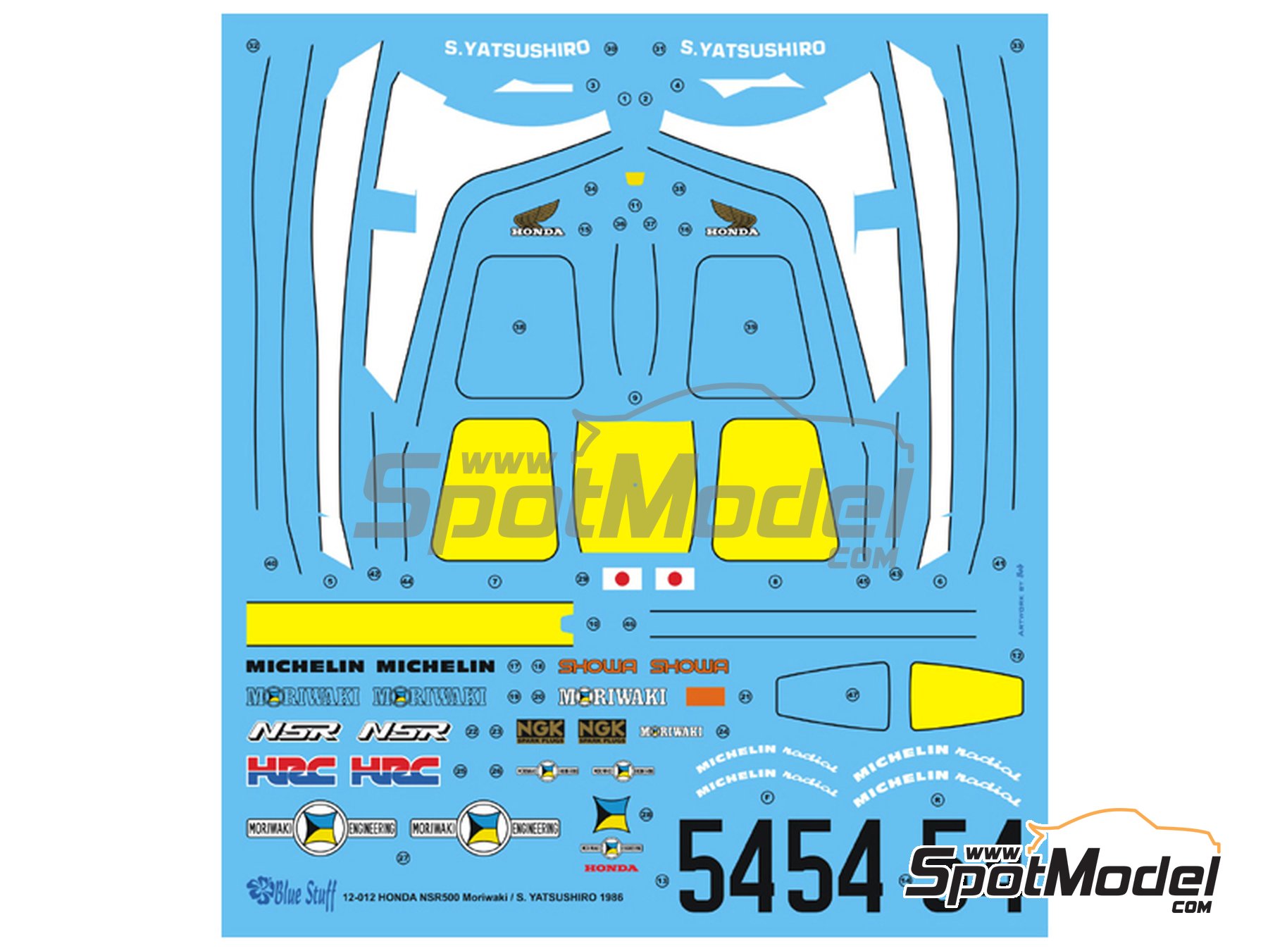 Image 1: Honda NSR500 patrocinado por HRC-Moriwaki - Campeonato del Mundo de Motociclismo 1986 | Decoración en escala 1/12 fabricado por Blue Stuff (ref. 12-012)