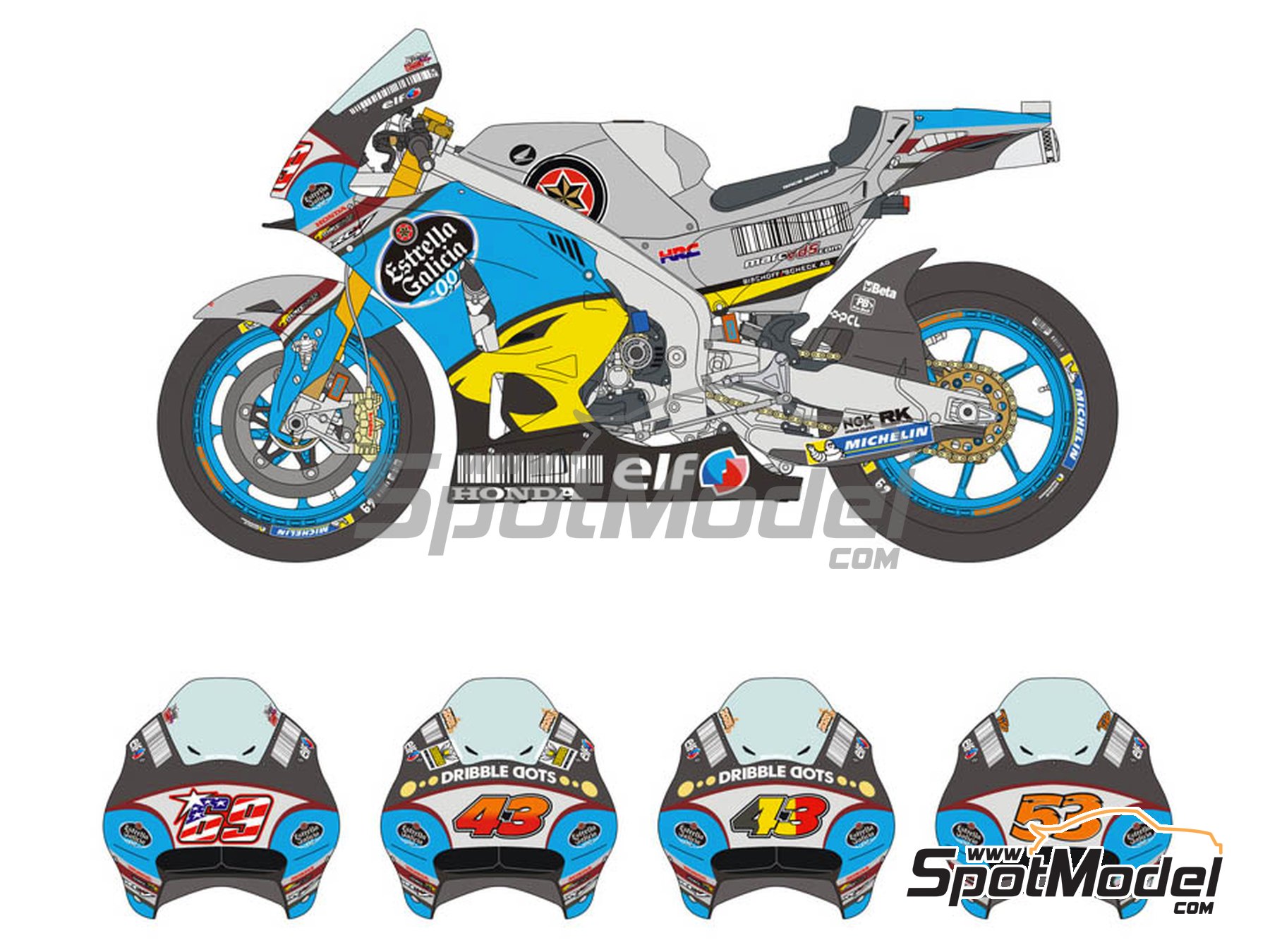 Image 1: Honda RC213V Marc VDS Team sponsored by Estrella Galicia - Moto GP World Championship 2016 | Marking / livery in 1/12 scale manufactured by Blue Stuff (ref.&nbsp;12-016)