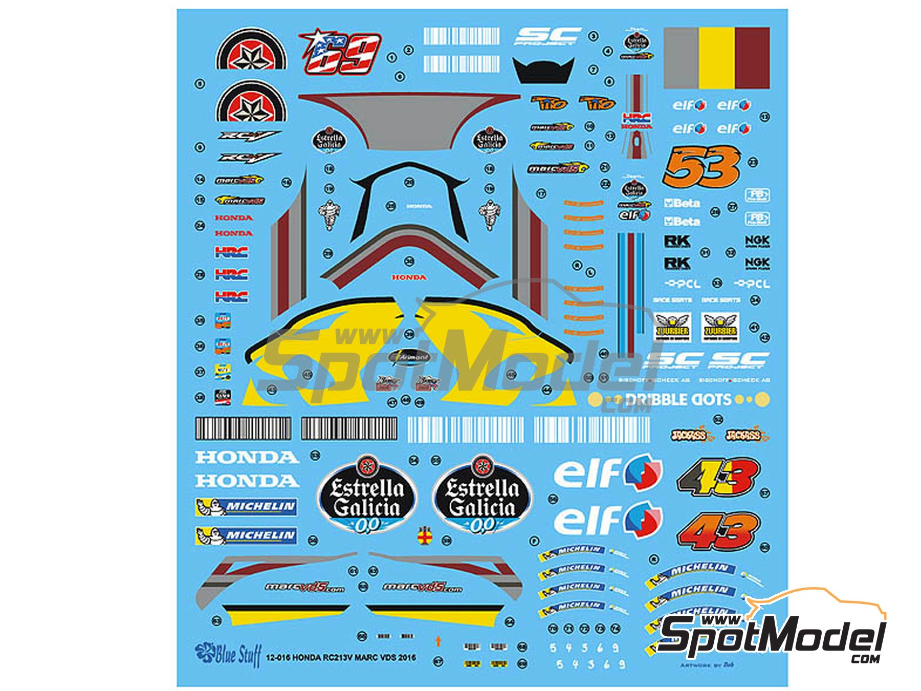 Image 2: Honda RC213V Marc VDS Team sponsored by Estrella Galicia - Moto GP World Championship 2016 | Marking / livery in 1/12 scale manufactured by Blue Stuff (ref.&nbsp;12-016)