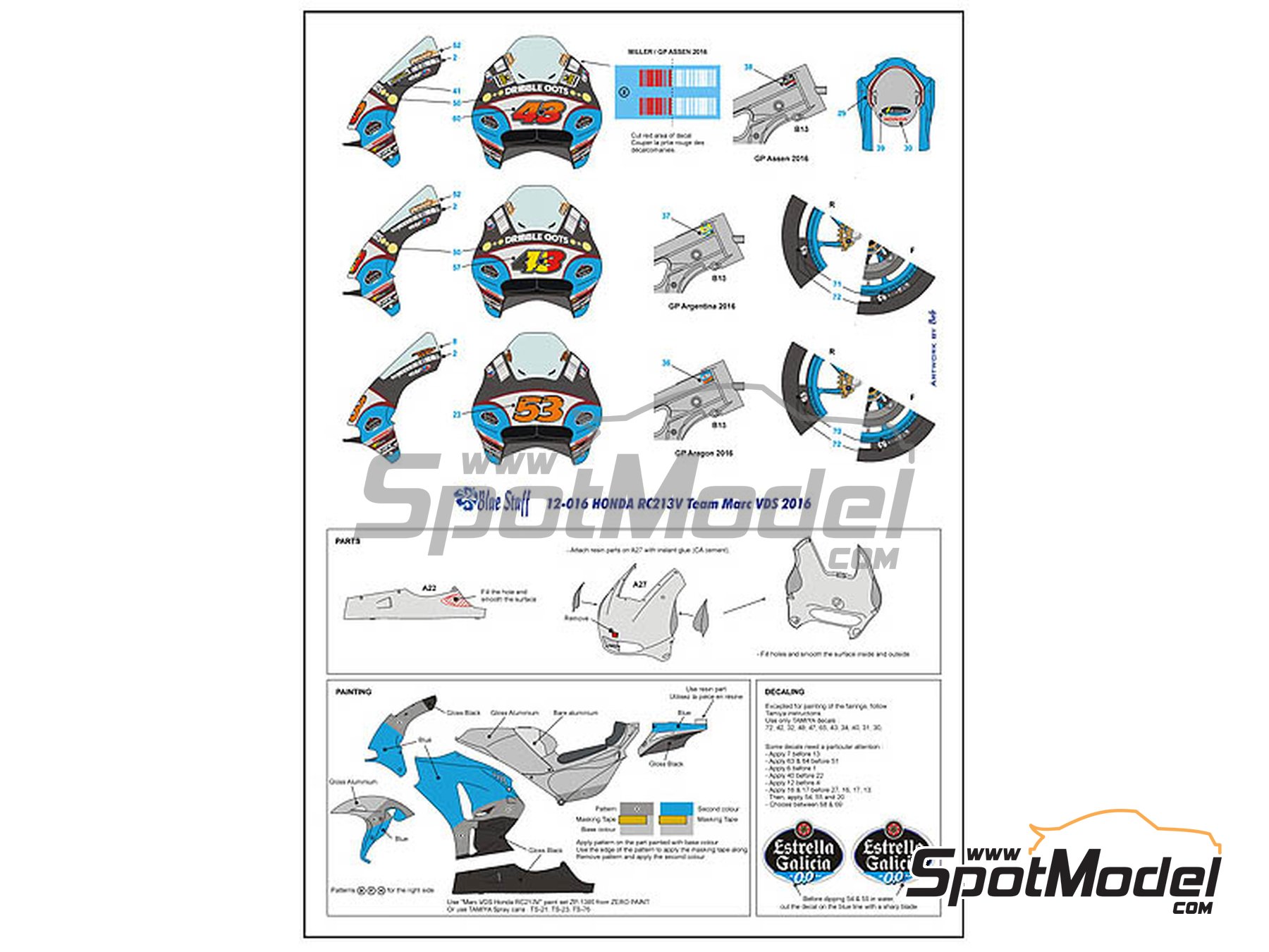 Image 6: Honda RC213V Marc VDS Team sponsored by Estrella Galicia - Moto GP World Championship 2016 | Marking / livery in 1/12 scale manufactured by Blue Stuff (ref.&nbsp;12-016)