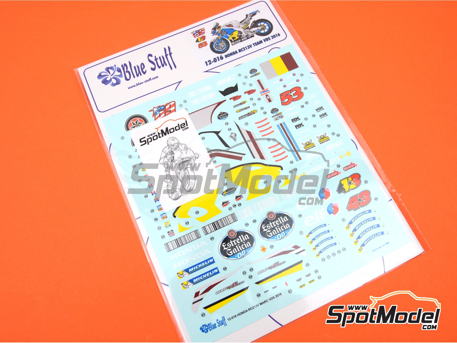 Image 13: Honda RC213V Marc VDS Team sponsored by Estrella Galicia - Moto GP World Championship 2016 | Marking / livery in 1/12 scale manufactured by Blue Stuff (ref.&nbsp;12-016)