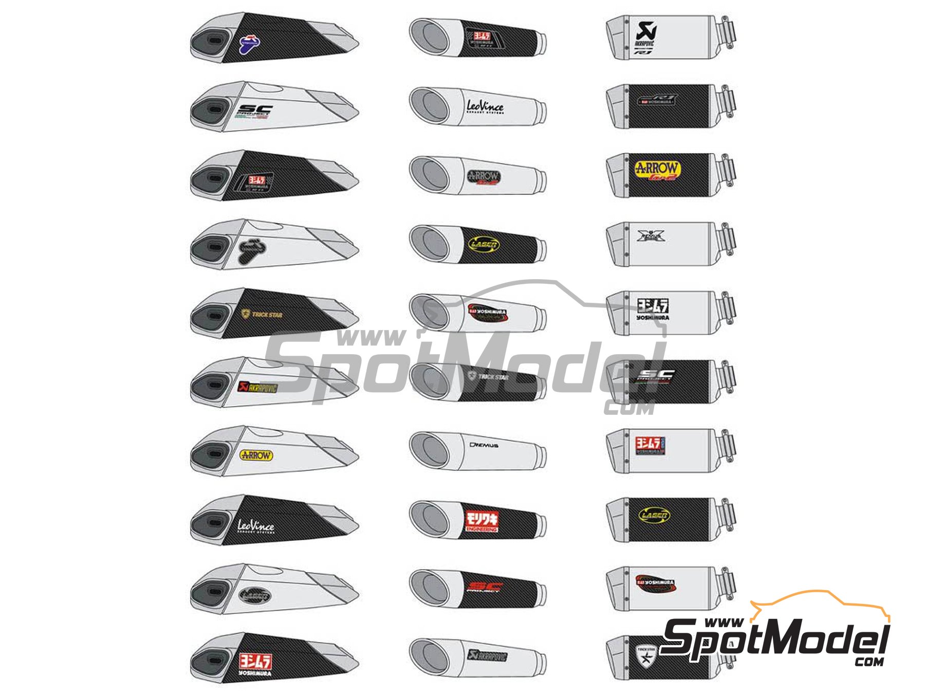 Image 1: Akrapovic, Arrow, Laser, Yoshimura, Trick StarTermignoni, LeoVince, Remus | Logotipos en escala 1/12 fabricado por Blue Stuff (ref. 12-017)