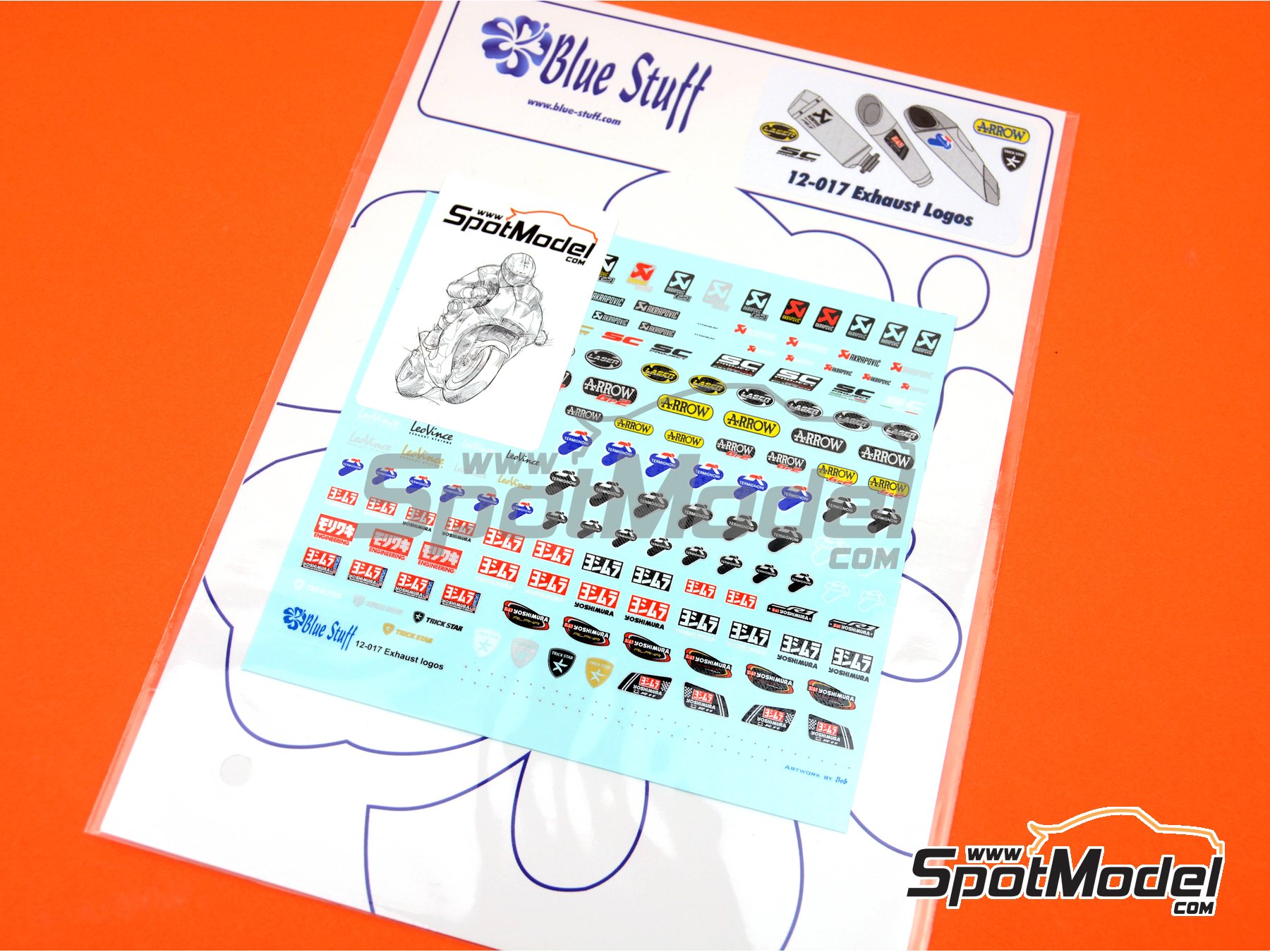 Image 6: Akrapovic, Arrow, Laser, Yoshimura, Trick StarTermignoni, LeoVince, Remus | Logotipos en escala 1/12 fabricado por Blue Stuff (ref. 12-017)