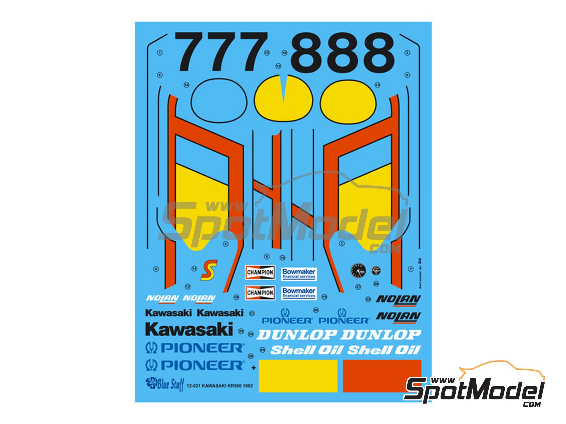 Image 1: Kawasaki KR500 sponsored by Pioneer - Motorcycle World Championship 1982 | Marking / livery in 1/12 scale manufactured by Blue Stuff (ref.&nbsp;12-021)