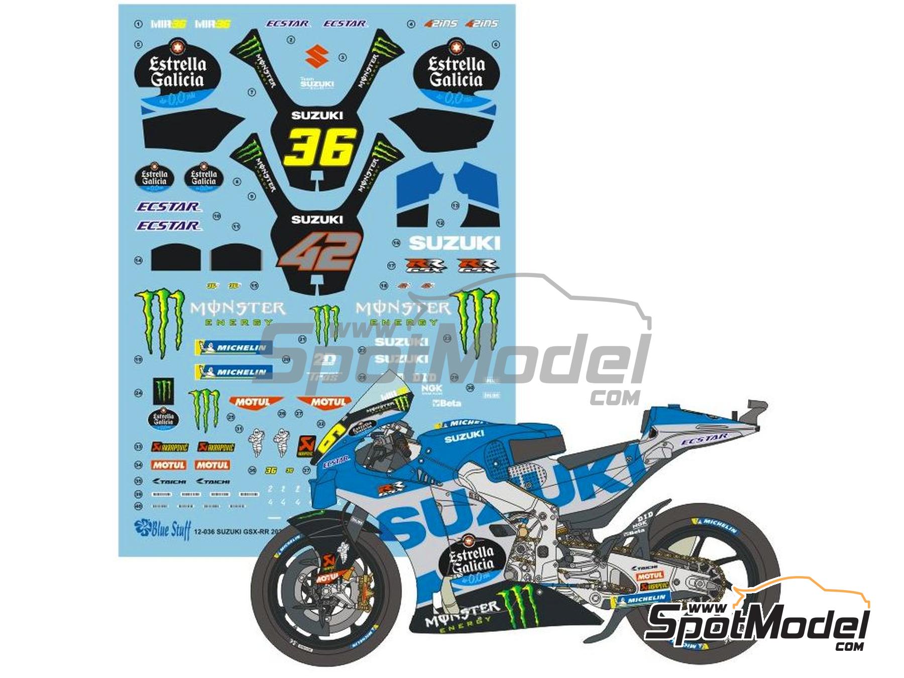 Image 1: Suzuki GSX-RR Suzuki Ecstar Team sponsored by Estrella Galicia - Moto GP World Championship 2022 | Marking / livery in 1/12 scale manufactured by Blue Stuff (ref.&nbsp;12-036)