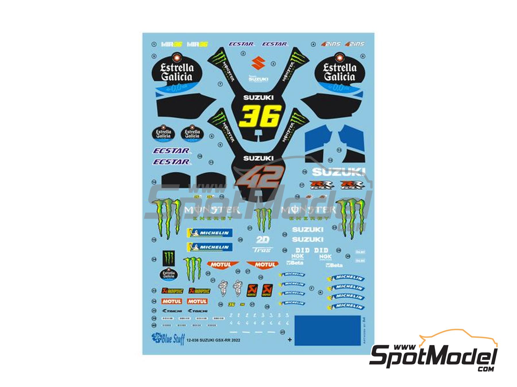 Image 5: Suzuki GSX-RR Suzuki Ecstar Team sponsored by Estrella Galicia - Moto GP World Championship 2022 | Marking / livery in 1/12 scale manufactured by Blue Stuff (ref.&nbsp;12-036)