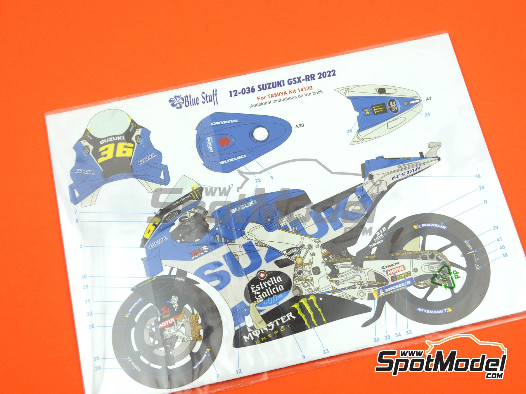 Image 9: Suzuki GSX-RR Suzuki Ecstar Team sponsored by Estrella Galicia - Moto GP World Championship 2022 | Marking / livery in 1/12 scale manufactured by Blue Stuff (ref.&nbsp;12-036)