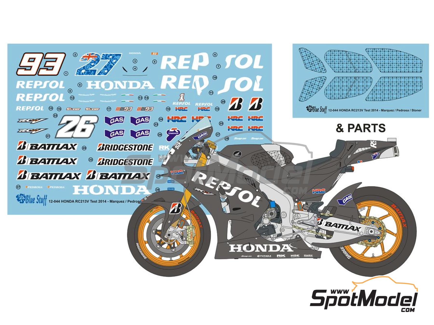 Image 1: Honda RC213V HRC Team sponsored by Repsol - Test HRC Sepang 2014 | Marking / livery in 1/12 scale manufactured by Blue Stuff (ref.&nbsp;12-044)