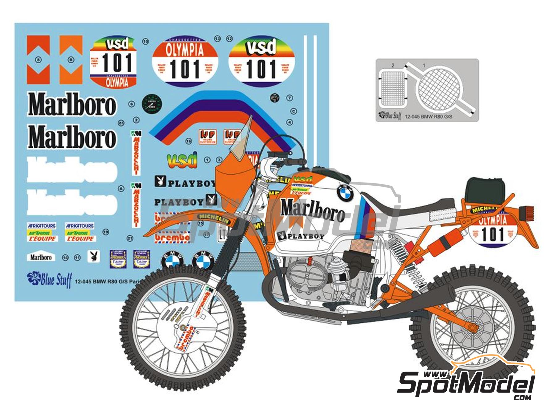Image 1: BMW R80G/S sponsored by Marlboro, Playboy - Paris Dakar Rally 1985 | Marking / livery in 1/12 scale manufactured by Blue Stuff (ref.&nbsp;12-045)