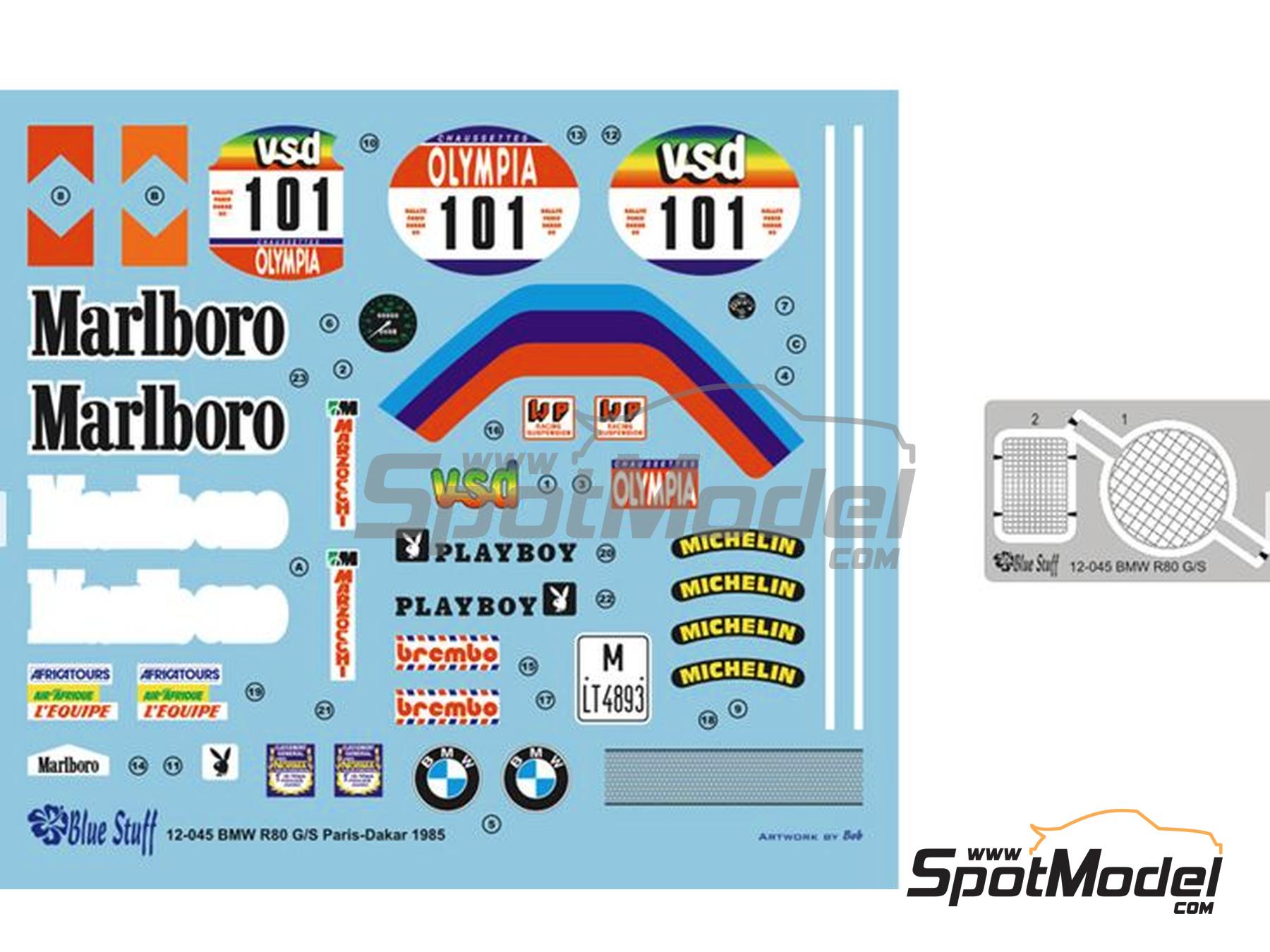 Image 3: BMW R80G/S sponsored by Marlboro, Playboy - Paris Dakar Rally 1985 | Marking / livery in 1/12 scale manufactured by Blue Stuff (ref.&nbsp;12-045)