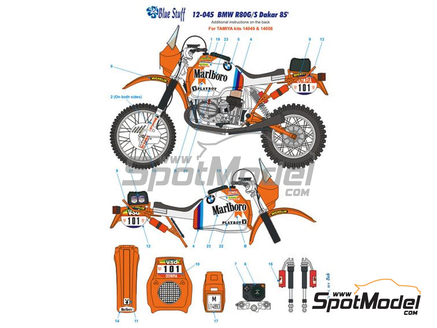 Image 4: BMW R80G/S sponsored by Marlboro, Playboy - Paris Dakar Rally 1985 | Marking / livery in 1/12 scale manufactured by Blue Stuff (ref.&nbsp;12-045)