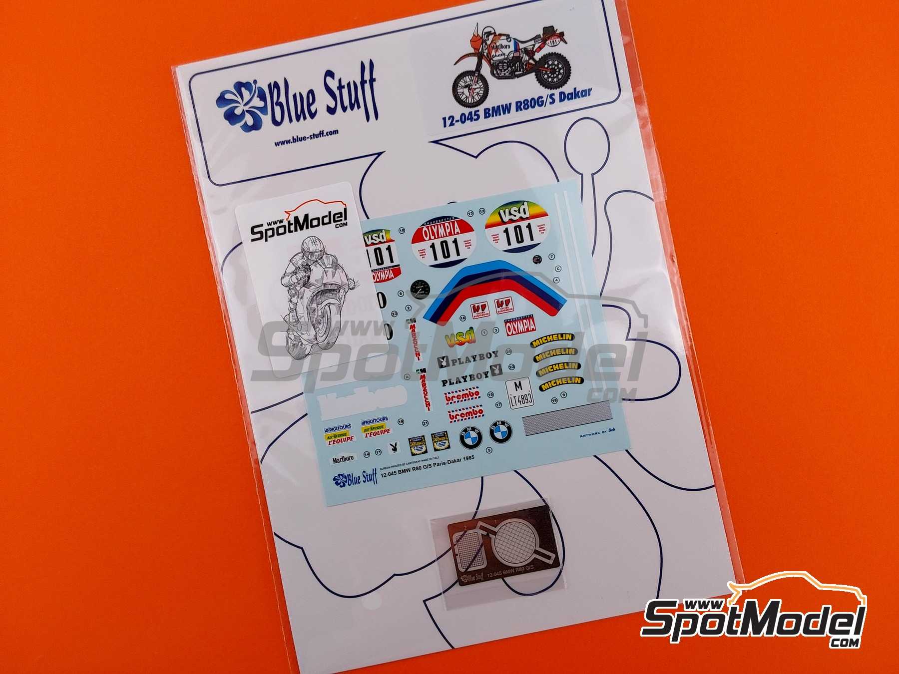 Image 6: BMW R80G/S sponsored by Marlboro, Playboy - Paris Dakar Rally 1985 | Marking / livery in 1/12 scale manufactured by Blue Stuff (ref.&nbsp;12-045)