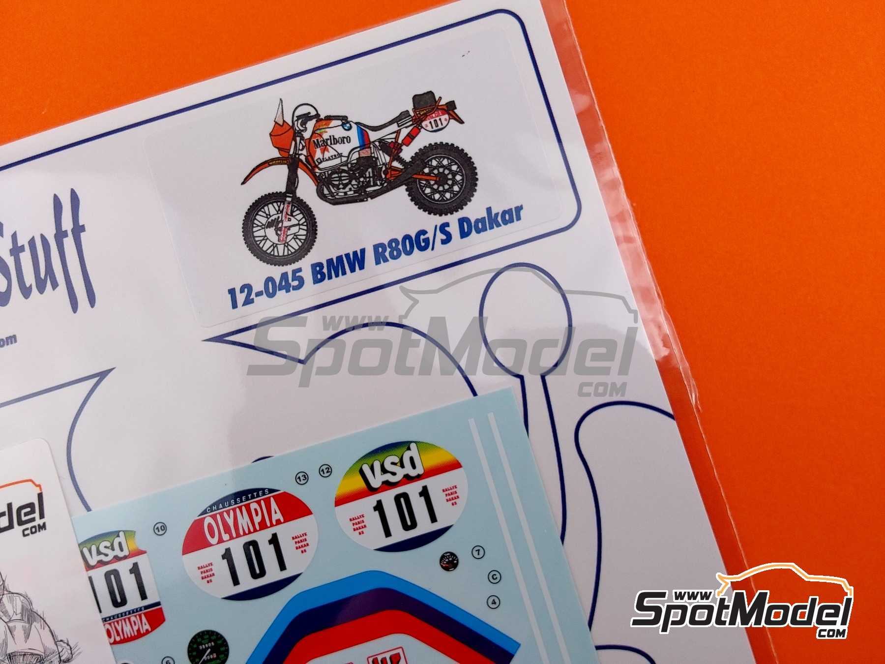 Image 8: BMW R80G/S sponsored by Marlboro, Playboy - Paris Dakar Rally 1985 | Marking / livery in 1/12 scale manufactured by Blue Stuff (ref.&nbsp;12-045)