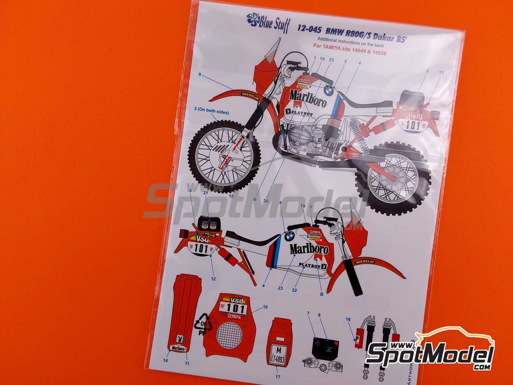 Image 10: BMW R80G/S sponsored by Marlboro, Playboy - Paris Dakar Rally 1985 | Marking / livery in 1/12 scale manufactured by Blue Stuff (ref.&nbsp;12-045)