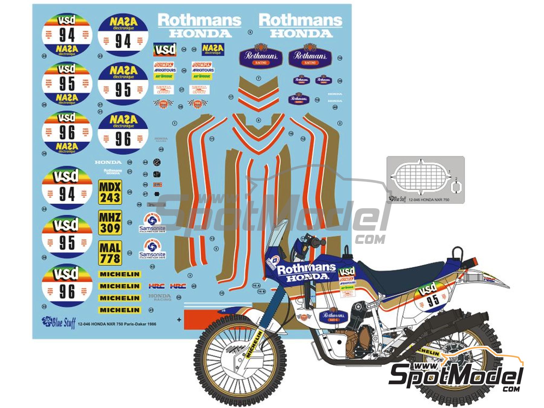 Image 1: Honda NXR750 Equipo HRC patrocinado por Rothmans - Rally Paris Dakar 1986 | Decoraci&oacute;n en escala&nbsp;1/12 fabricado por Blue Stuff (ref.&nbsp;12-046)
