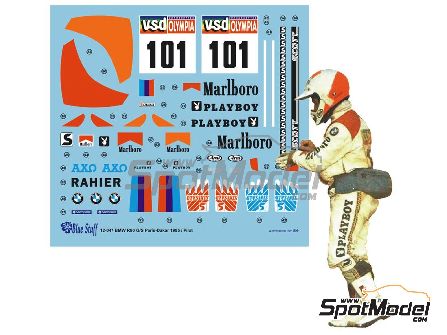 Image 1: Piloto BMW R80G/S patrocinado por Marlboro, Playboy - Rally Paris Dakar 1985 | Decoraci&oacute;n en escala&nbsp;1/12 fabricado por Blue Stuff (ref.&nbsp;12-047)