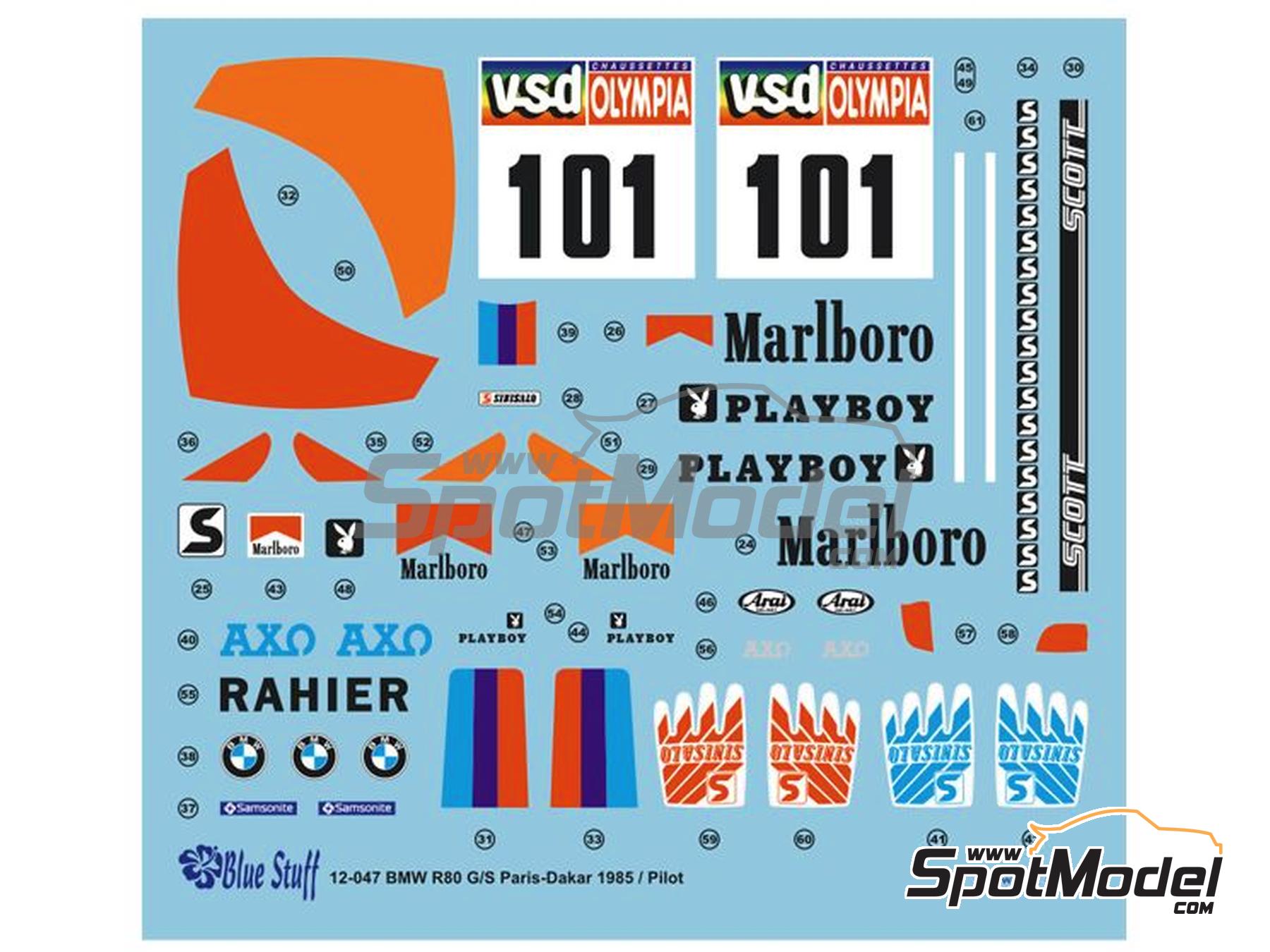 Image 5: Piloto BMW R80G/S patrocinado por Marlboro, Playboy - Rally Paris Dakar 1985 | Decoraci&oacute;n en escala&nbsp;1/12 fabricado por Blue Stuff (ref.&nbsp;12-047)