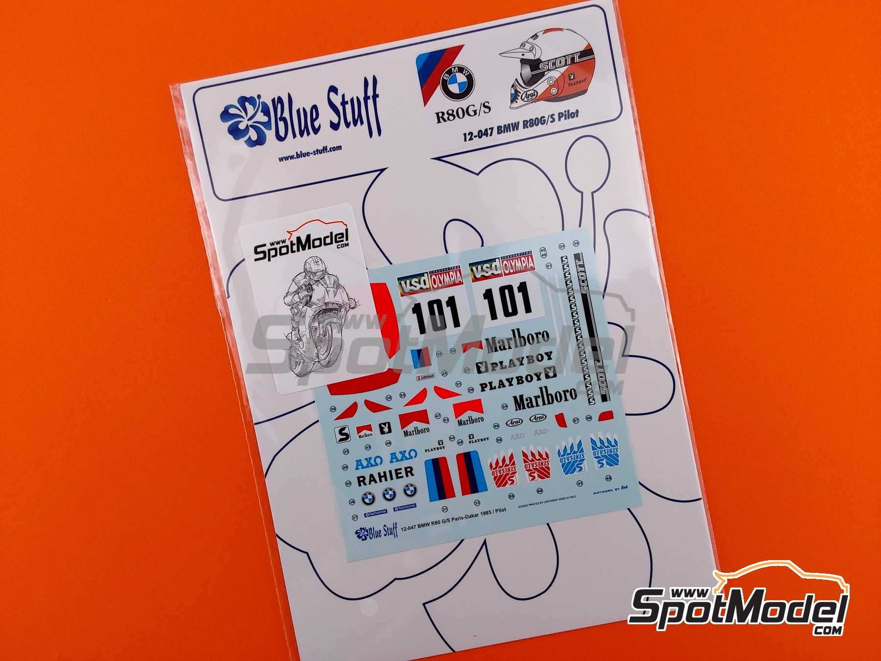 Image 8: Piloto BMW R80G/S patrocinado por Marlboro, Playboy - Rally Paris Dakar 1985 | Decoraci&oacute;n en escala&nbsp;1/12 fabricado por Blue Stuff (ref.&nbsp;12-047)