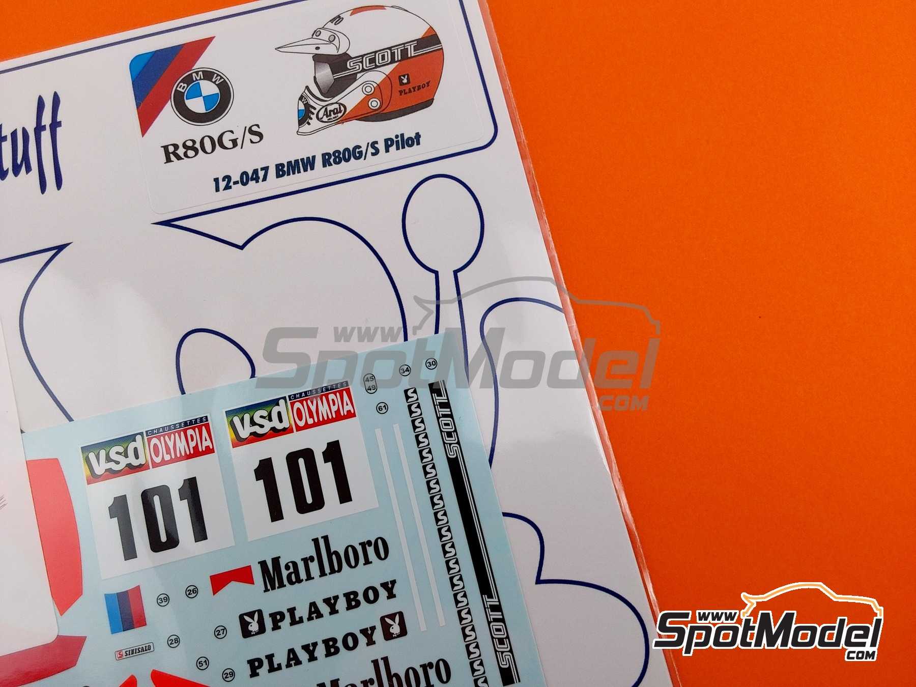 Image 9: Piloto BMW R80G/S patrocinado por Marlboro, Playboy - Rally Paris Dakar 1985 | Decoraci&oacute;n en escala&nbsp;1/12 fabricado por Blue Stuff (ref.&nbsp;12-047)